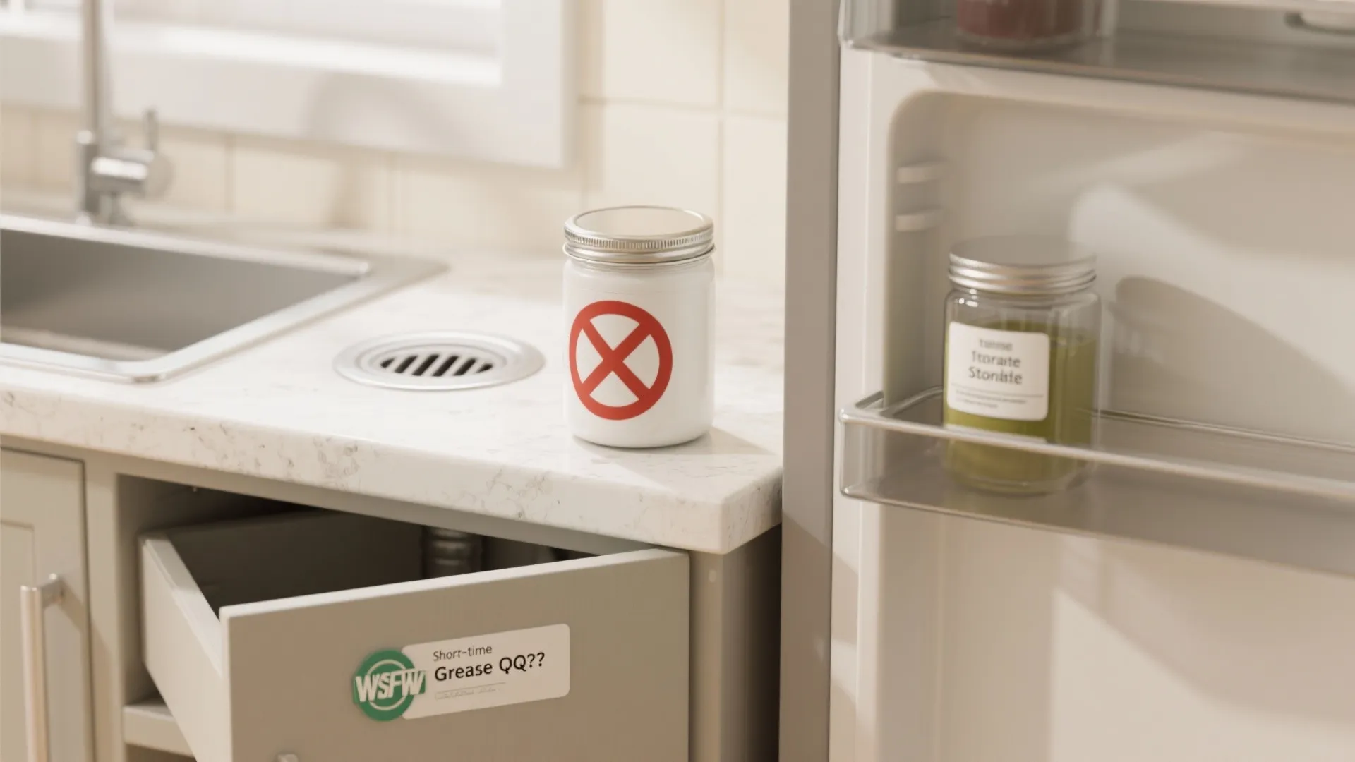 Kitchen scene showing storage jar with red cross symbol next to open sink and fridge