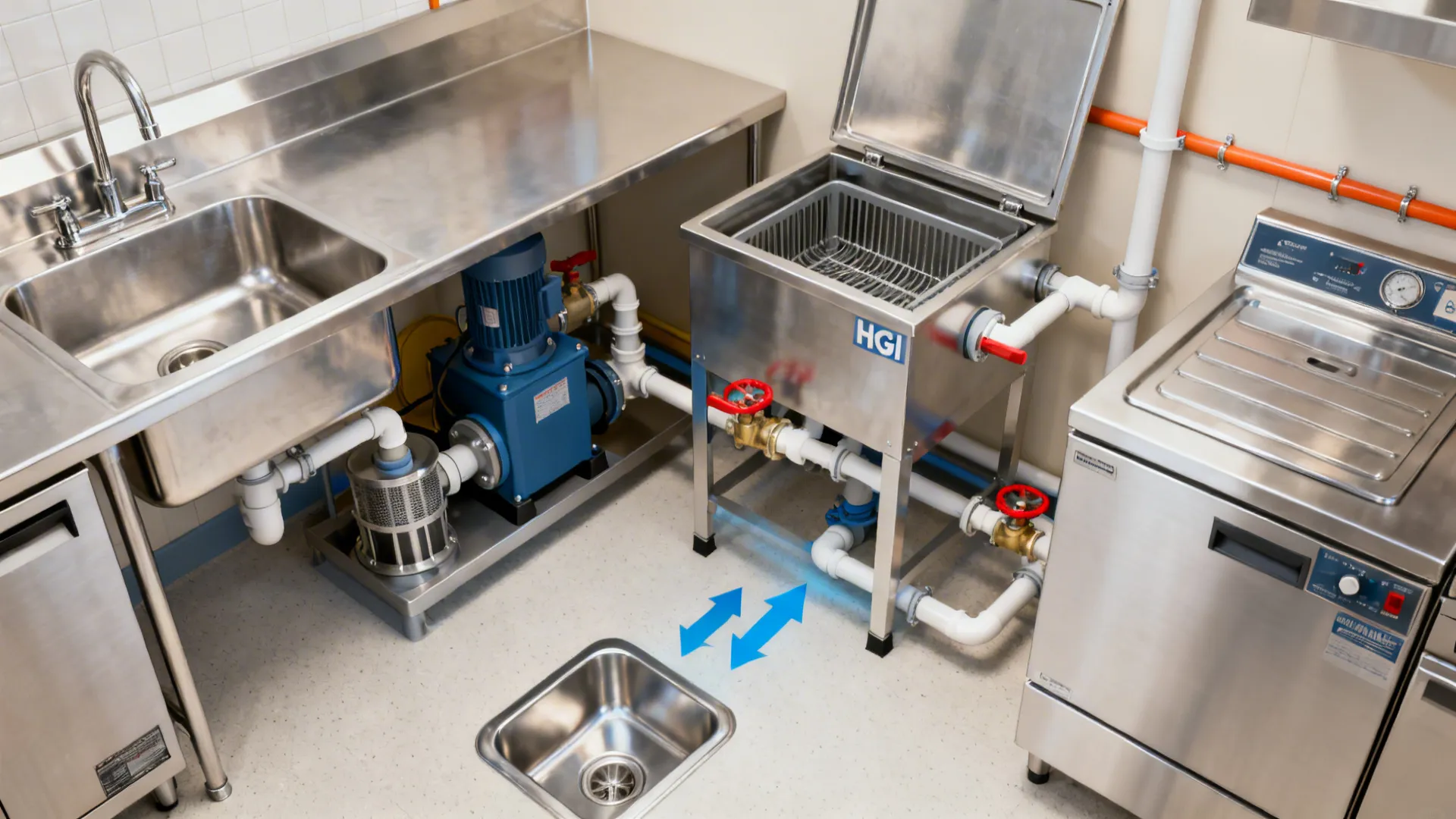 Top-down view of sink and dishwasher with an upstream hydromechanical grease interceptor and solids strainer.