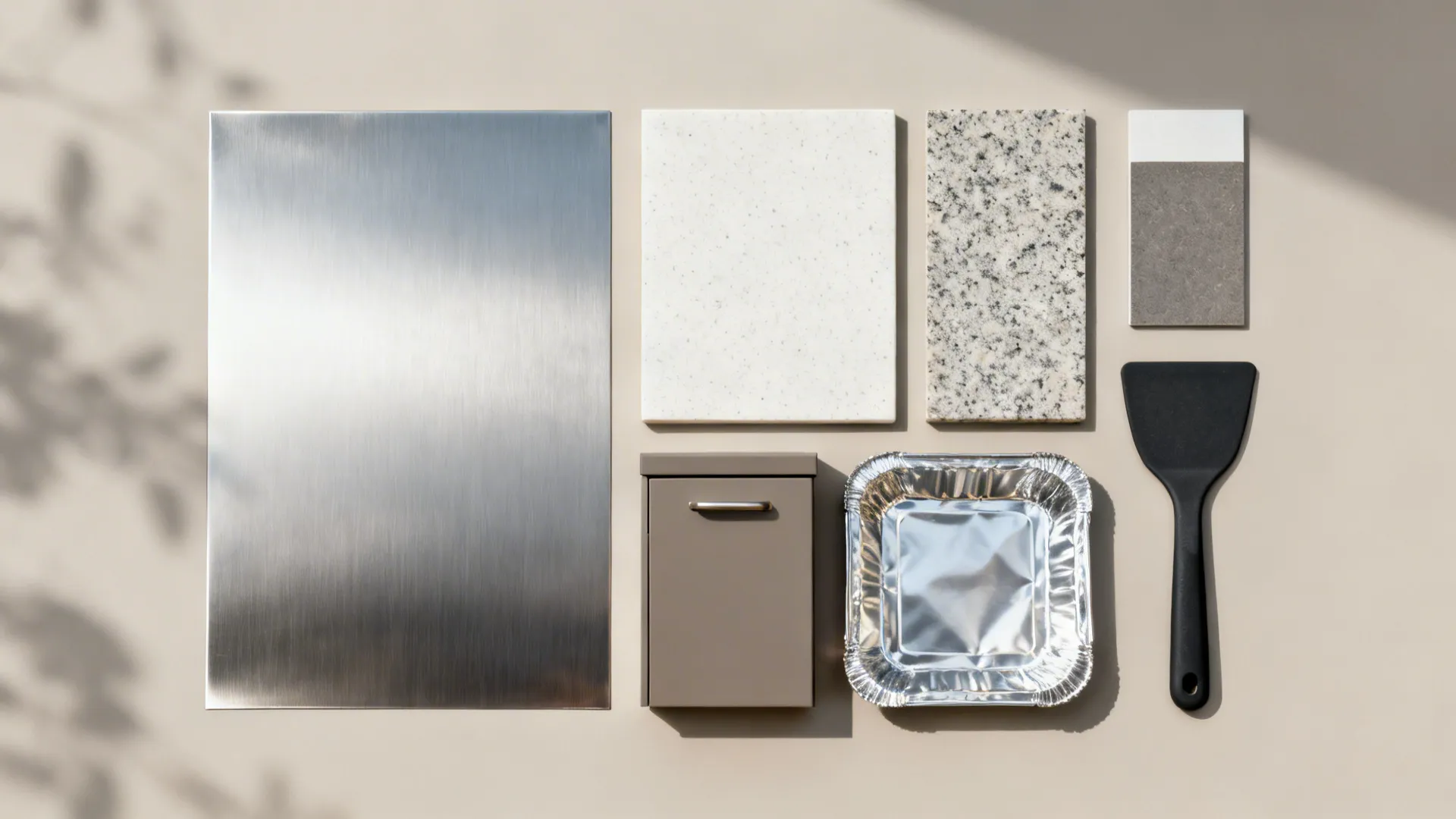 Flat lay of brushed stainless, porcelain, quartz, matte finish chips, foil liners, and a silicone scraper.