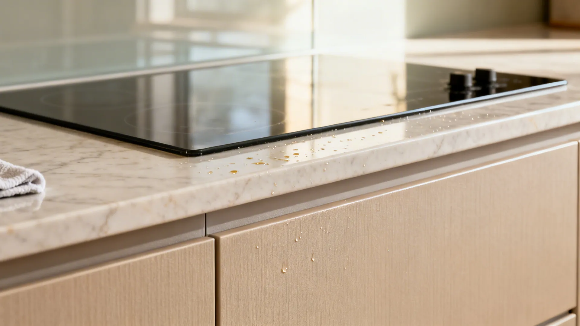 Macro of mid-sheen laminate, quartz edge, and glass backsplash showing easy-clean grease resistance.