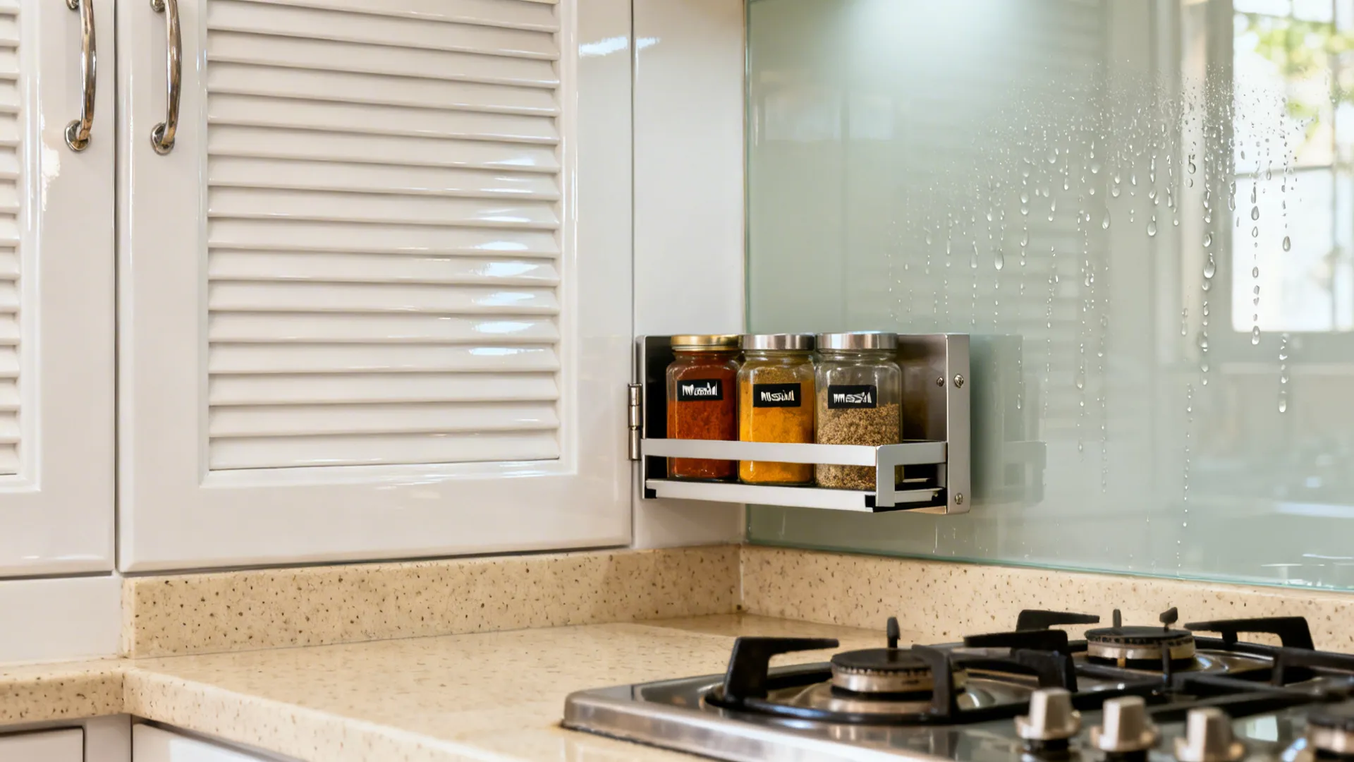 Spice rack with three jars mounted on glass wall next to white cabinet and stove
