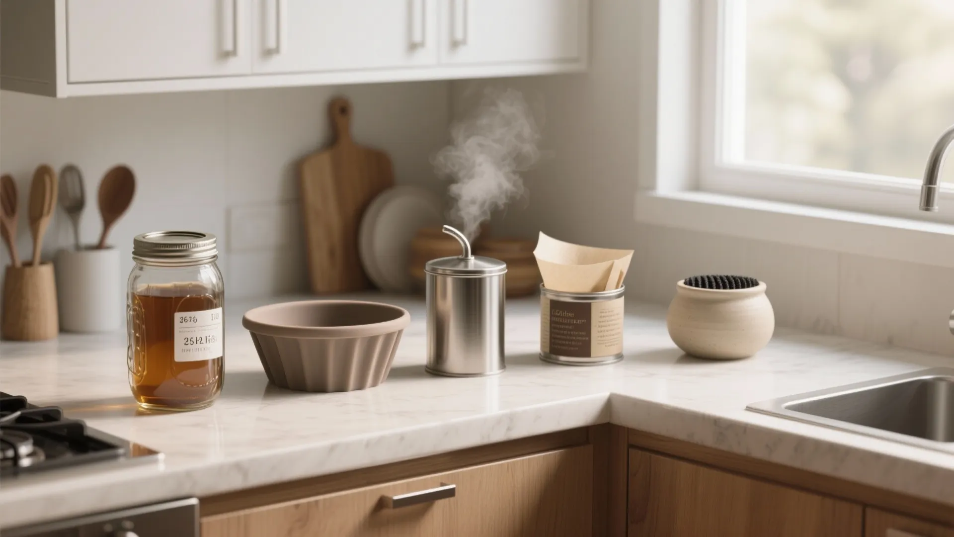 Modern kitchen counter with glass jar bowl steaming metal container and small plant near window