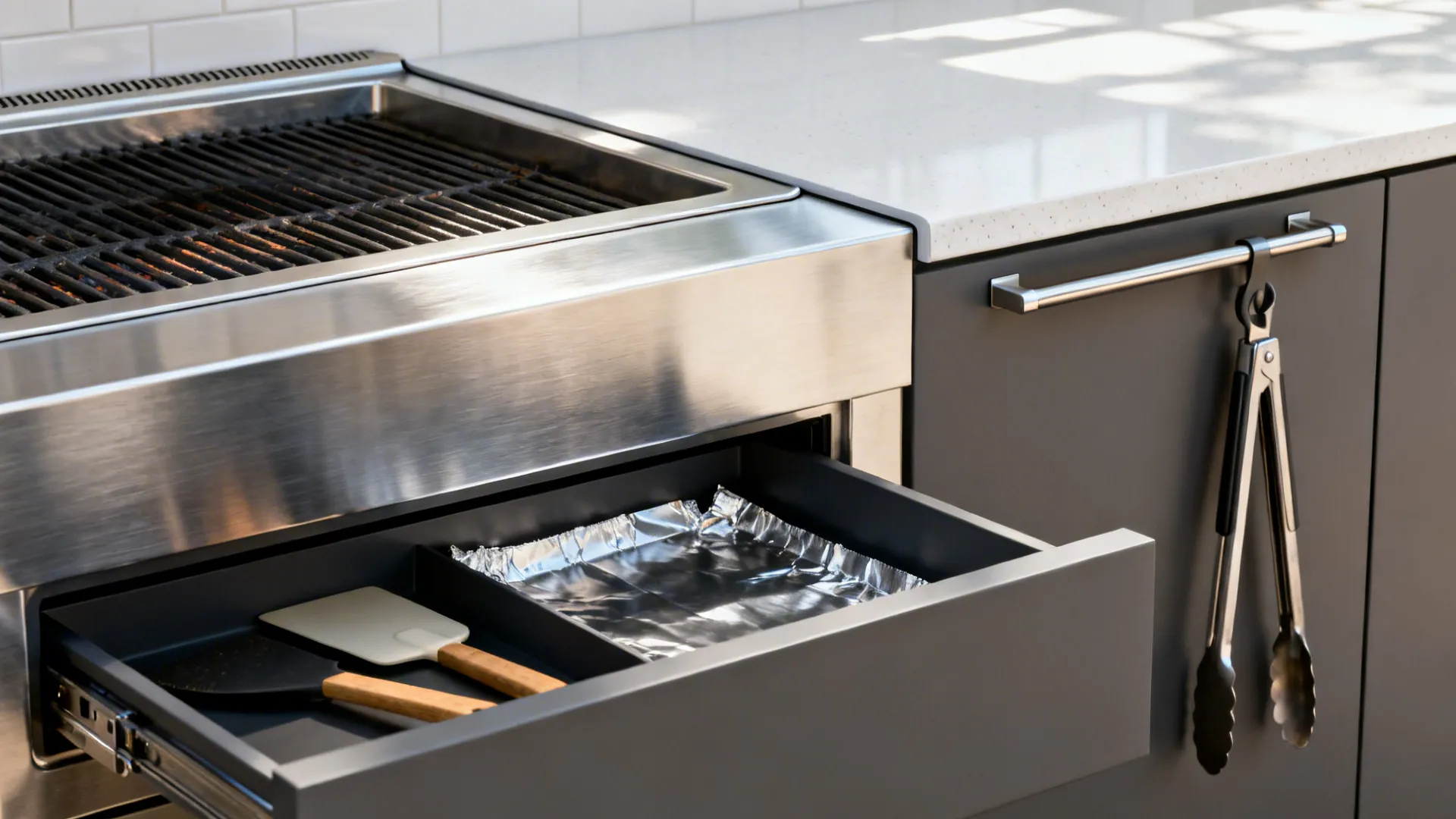 Macro of stainless insert with slight slope to drip edge and a toe-kick drawer storing grill tools.
