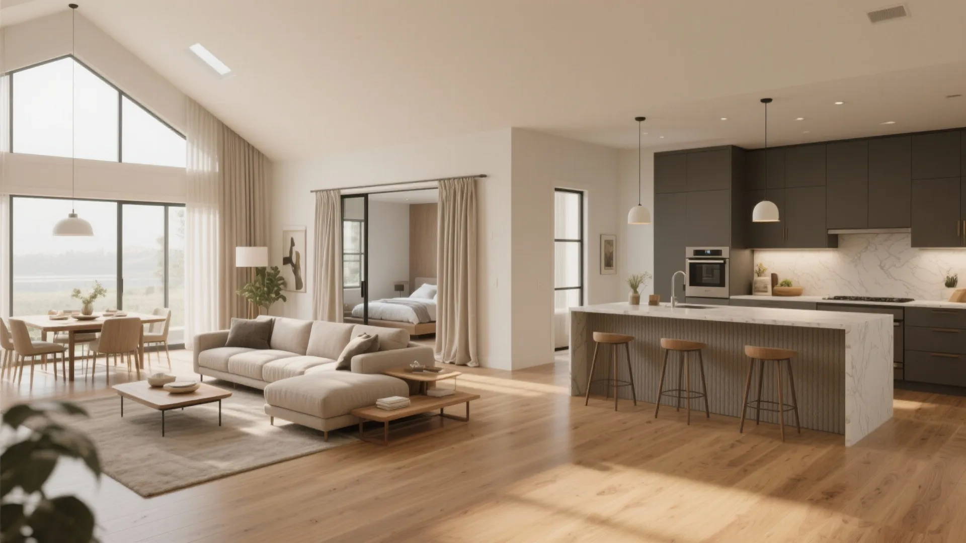 Modern open living area with cream sofa dark kitchen cabinets wood floors and large windows