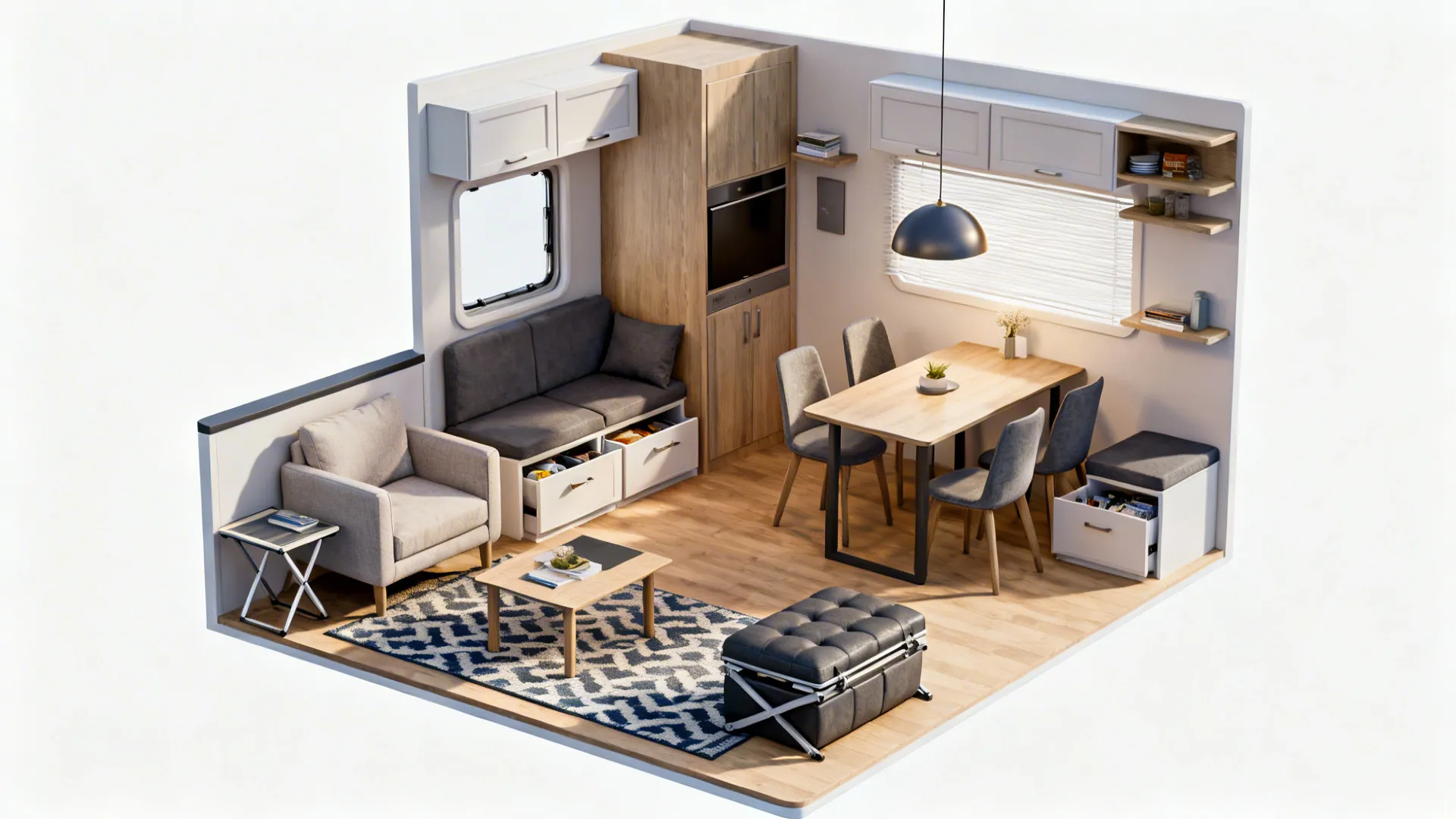 Small great room combining living and dining zones with rugs and pendant lighting