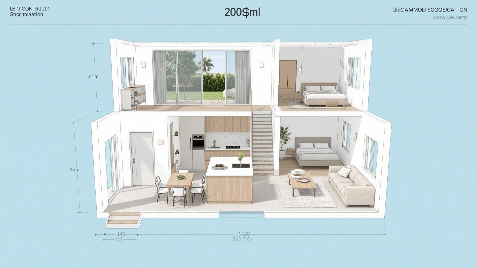 Interior design drawing showing a two story home with living room kitchen and upstairs bedroom