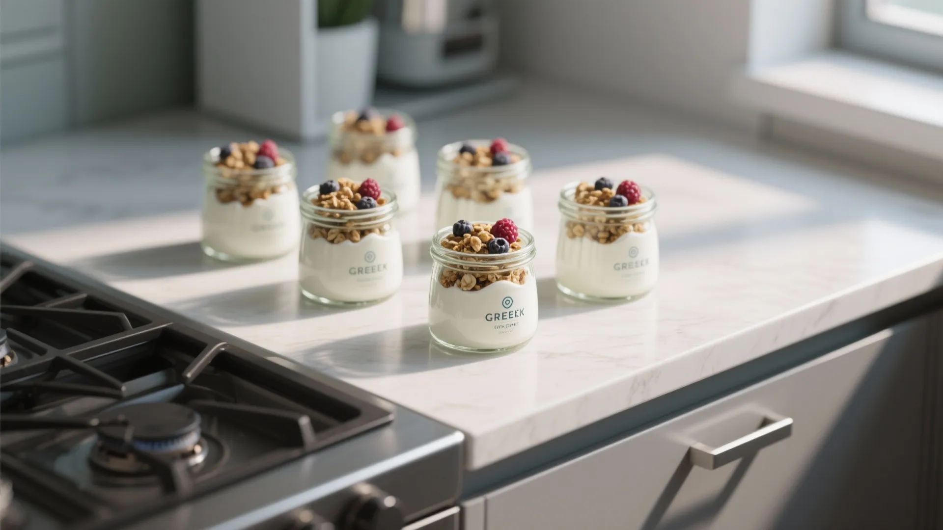 Glass jars filled with white yogurt granola and berries on a bright kitchen stone counter