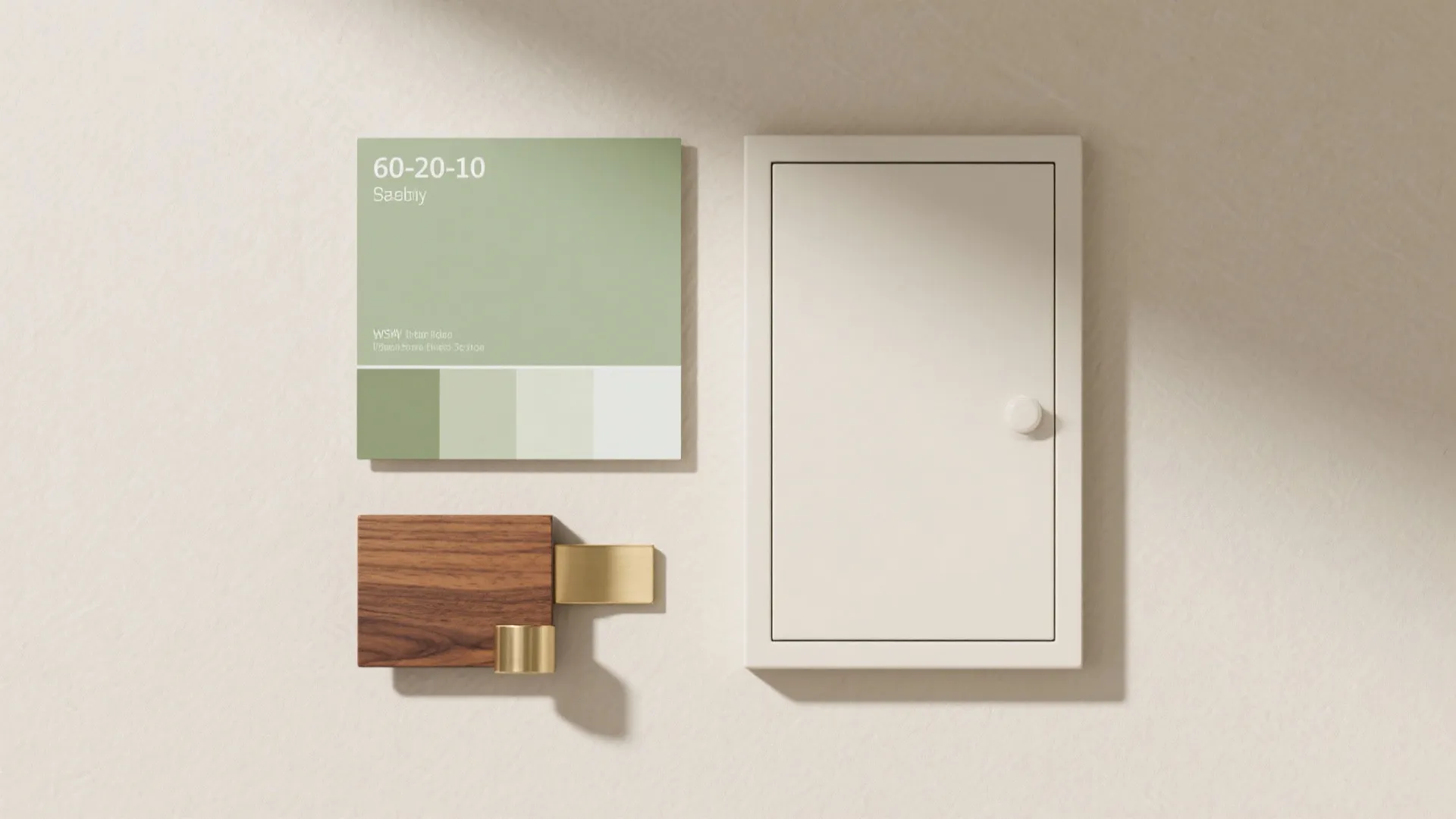 Green color palette with wood sample and gold handle next to a white cabinet door