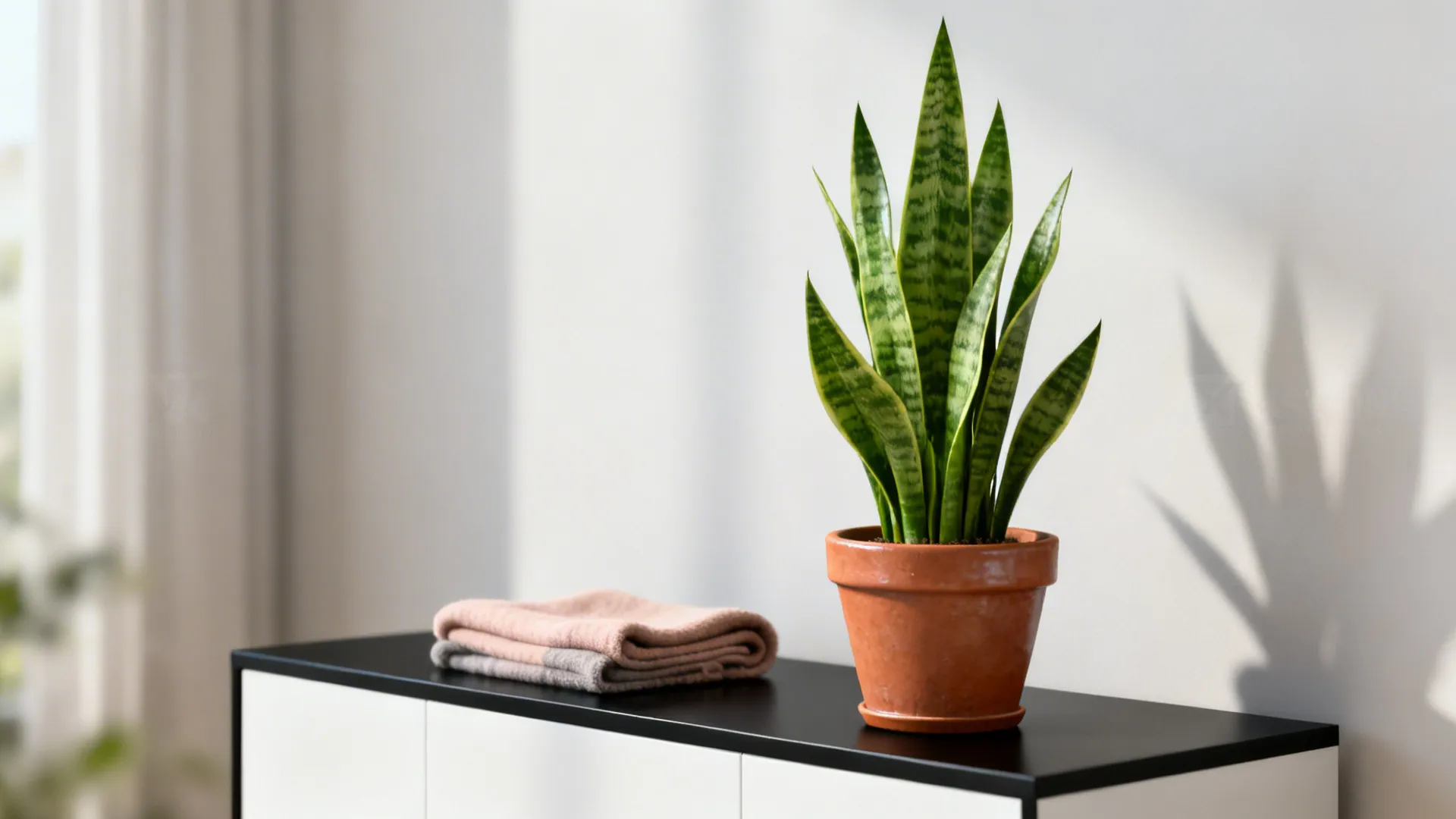 Green snake plant in a clay pot sitting on a modern black and white storage cabinet