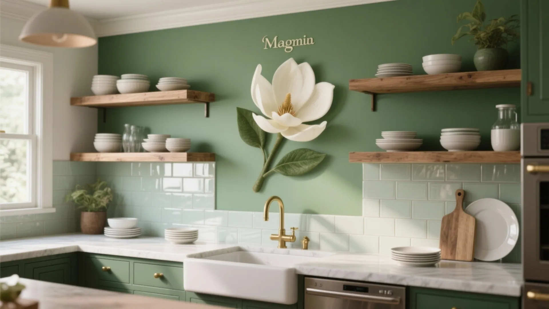 Modern green kitchen with white sink gold faucet wooden shelves white dishes and large flower