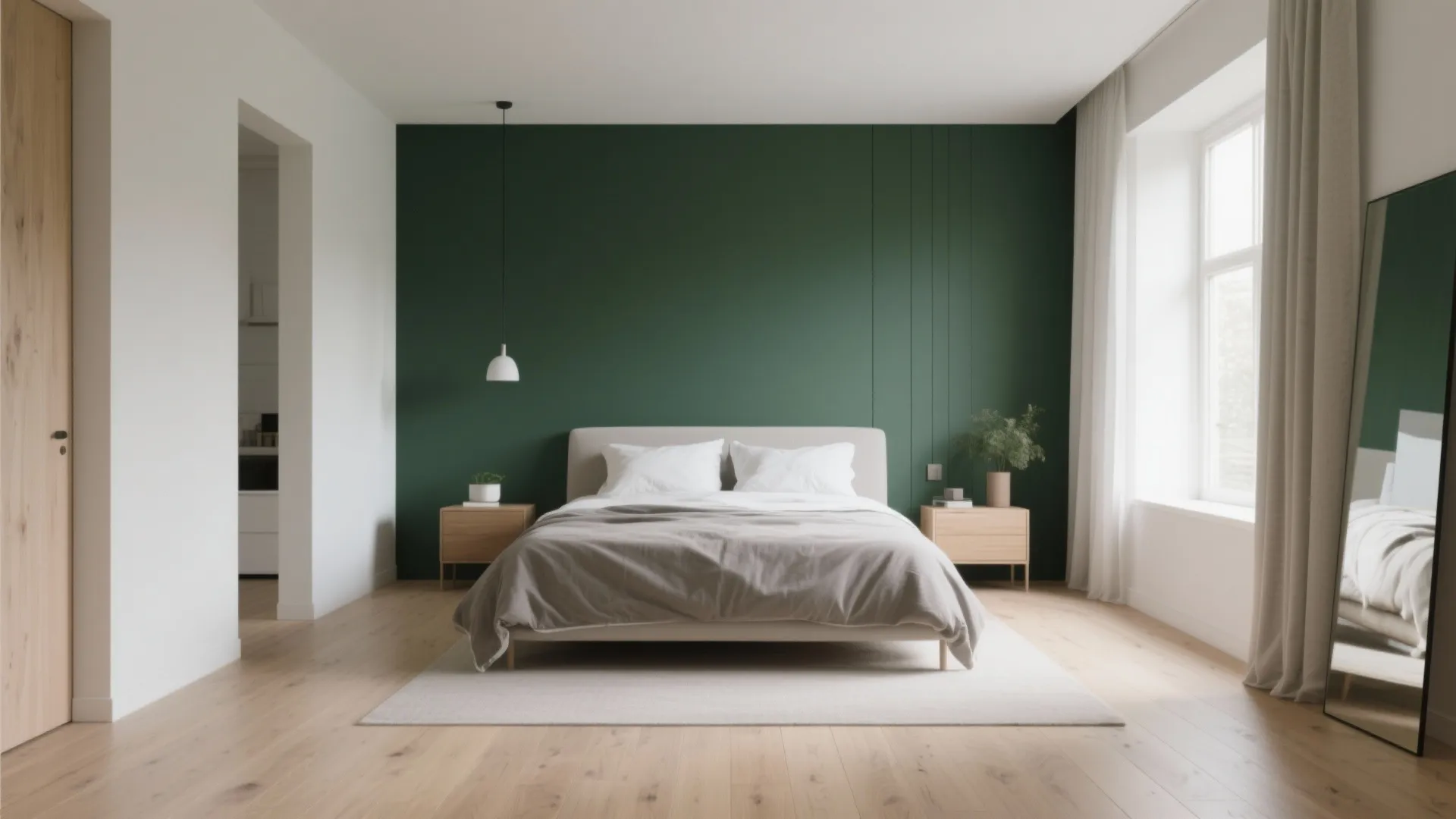 Dark green accent wall contrasts with pale oak floors