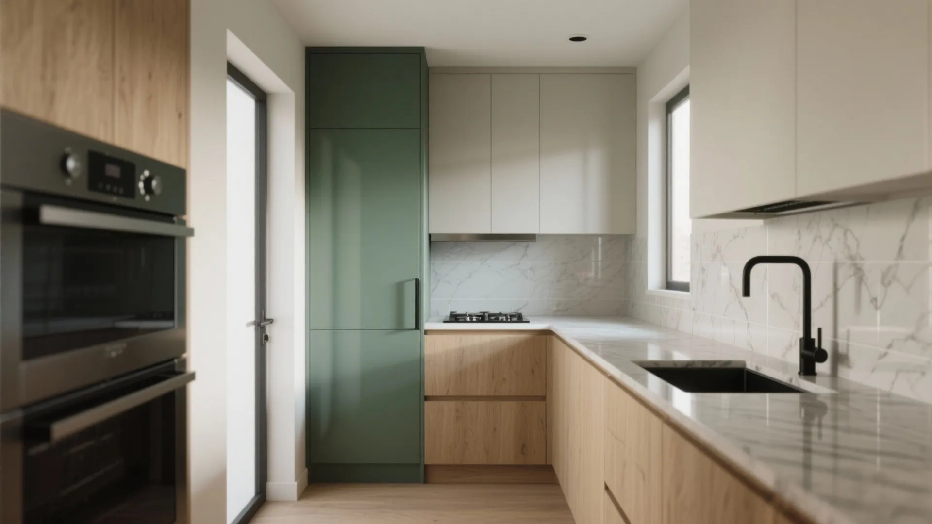 Modern kitchen featuring green and wood cabinets with white marble backsplash and black sink faucet