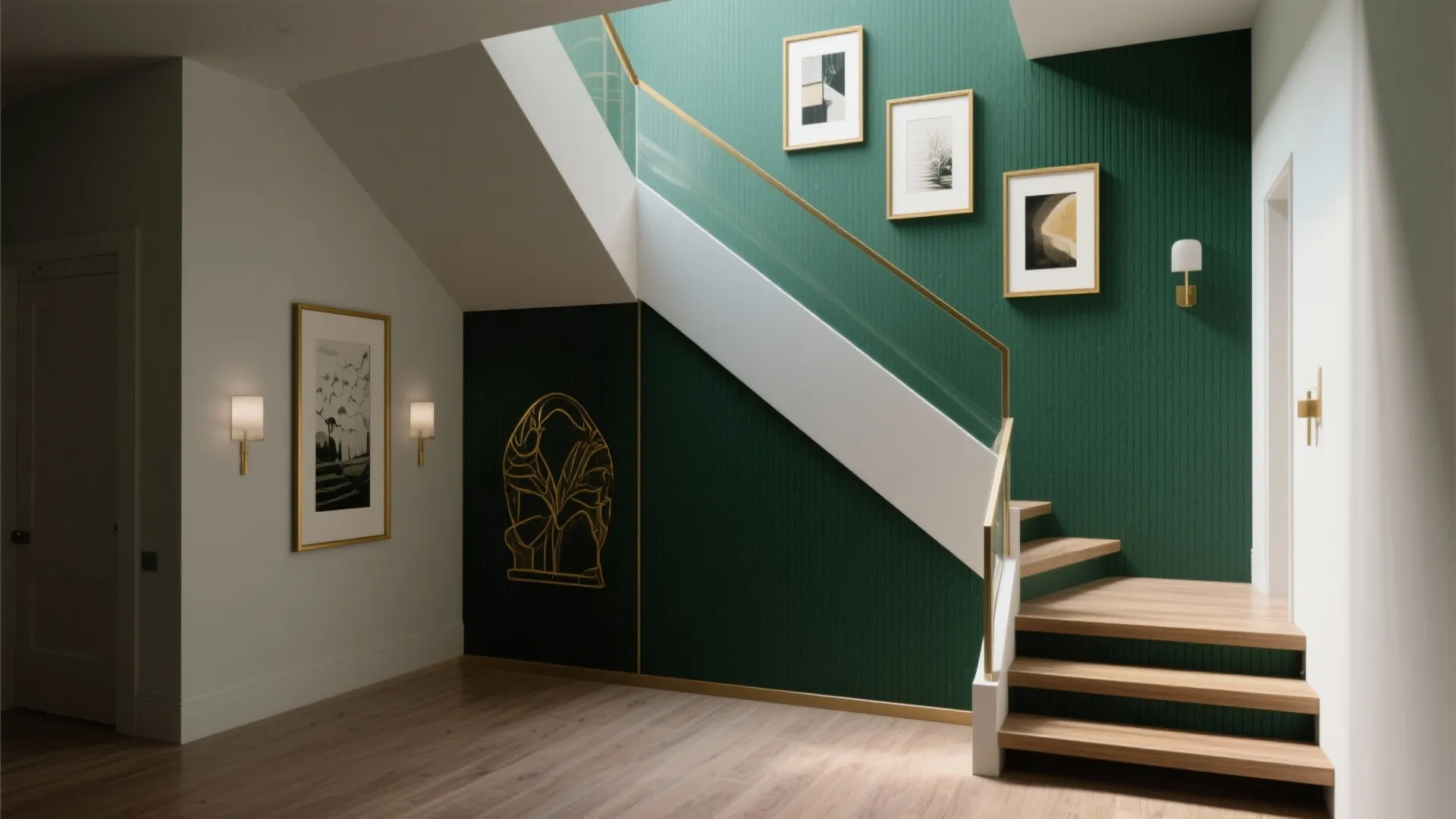 Modern staircase with green wall panels wooden steps gold railings wall lights and framed art pieces