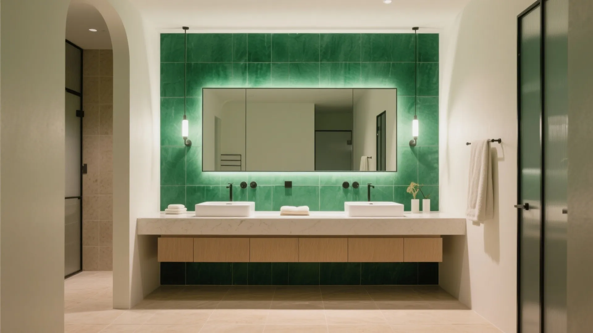 Modern bathroom featuring green tile wall lighted mirror double sink vanity and wooden storage cabinet