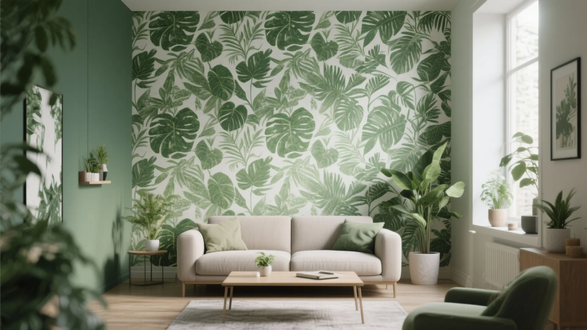Living room with a green botanical patterned accent wall