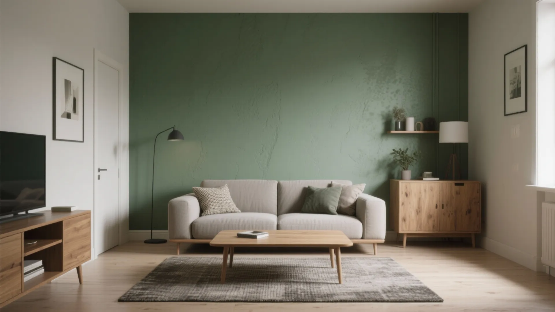 Modern living room featuring green wall, beige sofa, wooden coffee table, grey rug, and lamp