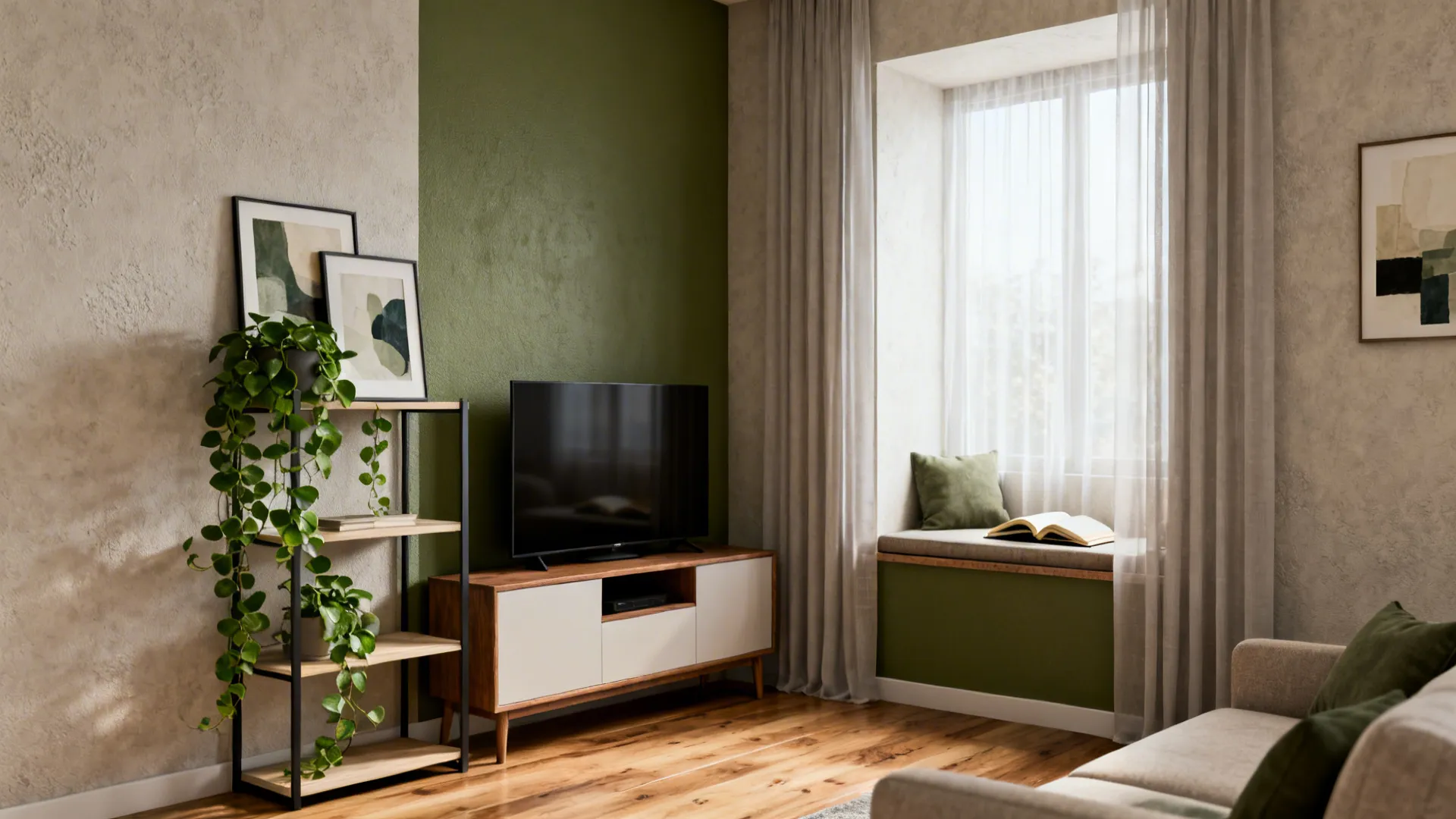 Small living area with an olive-green accent wall behind shelving and a reading nook