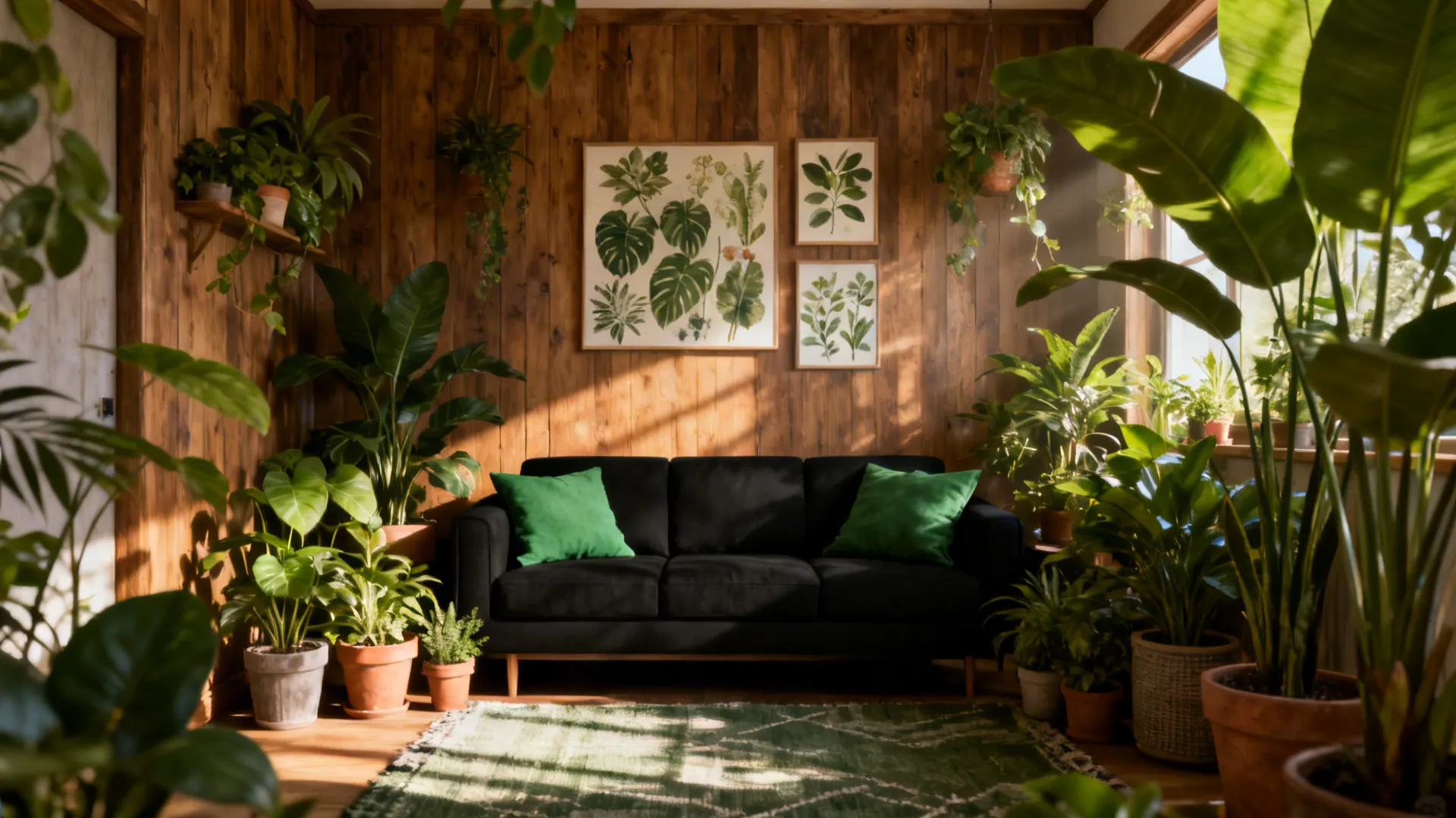 Black sofa with green throw pillows and potted plants creating a lush, grounded small living room.