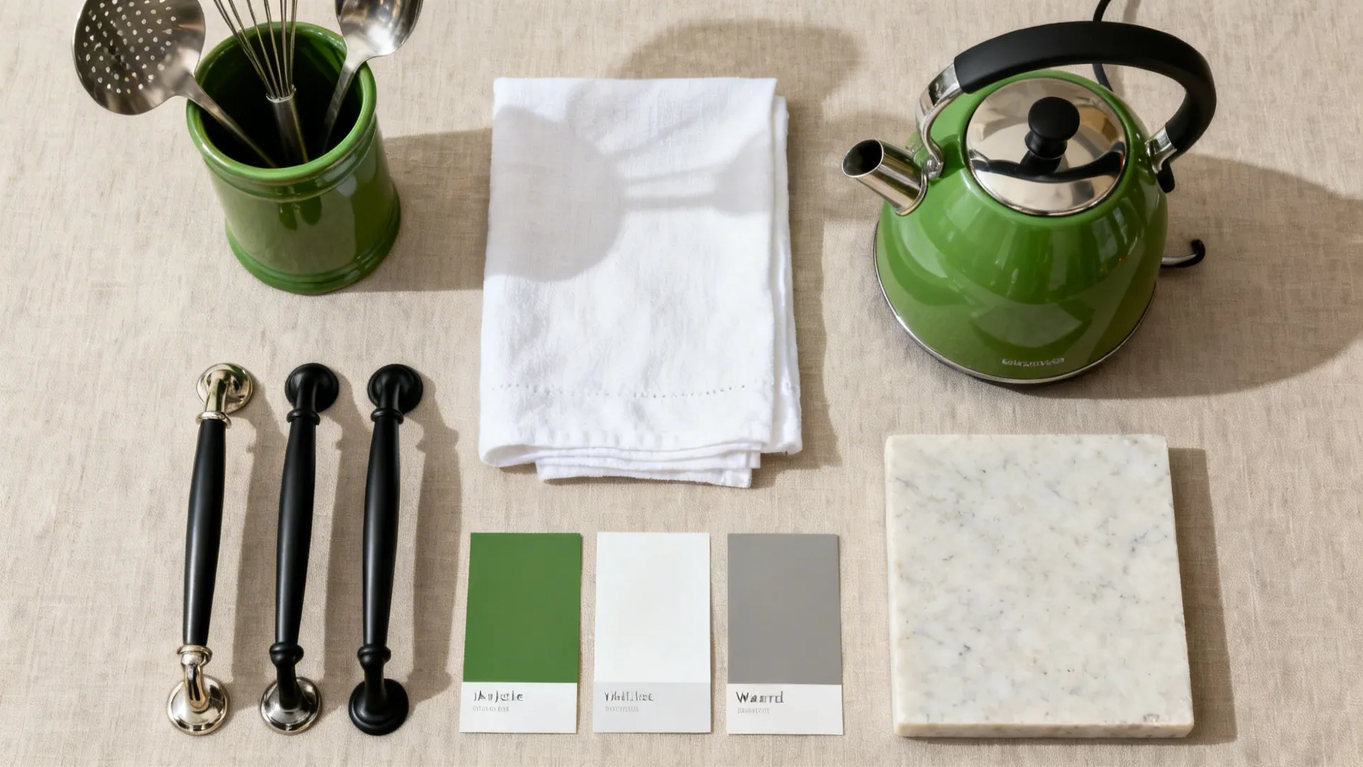 Top-down flat lay with apple-green kettle, utensil crock, and mixed hardware on neutral samples.