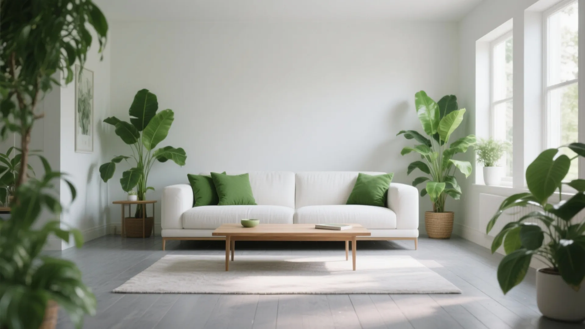 Modern white living room with white sofa green pillows wooden coffee table and large plants