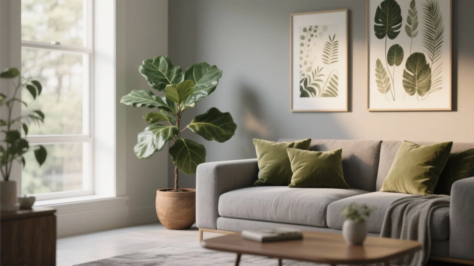 Bright living room with grey sofa green pillows large plant wall art and natural light