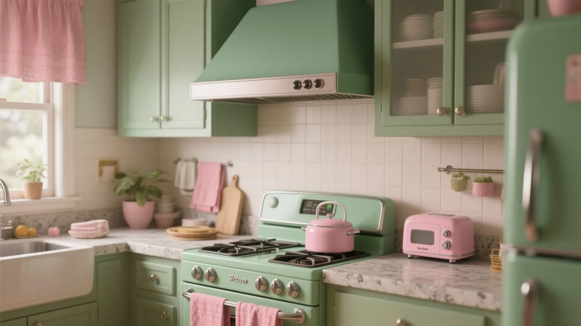 Kitchen vignette with green appliances and pink accessories for a renter-friendly color test