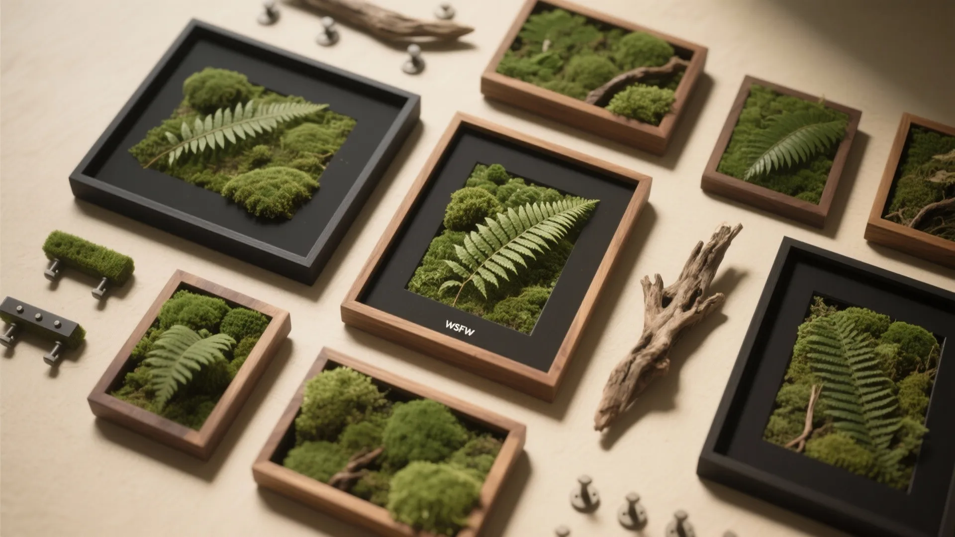 Framed “green art” with preserved moss and ferns