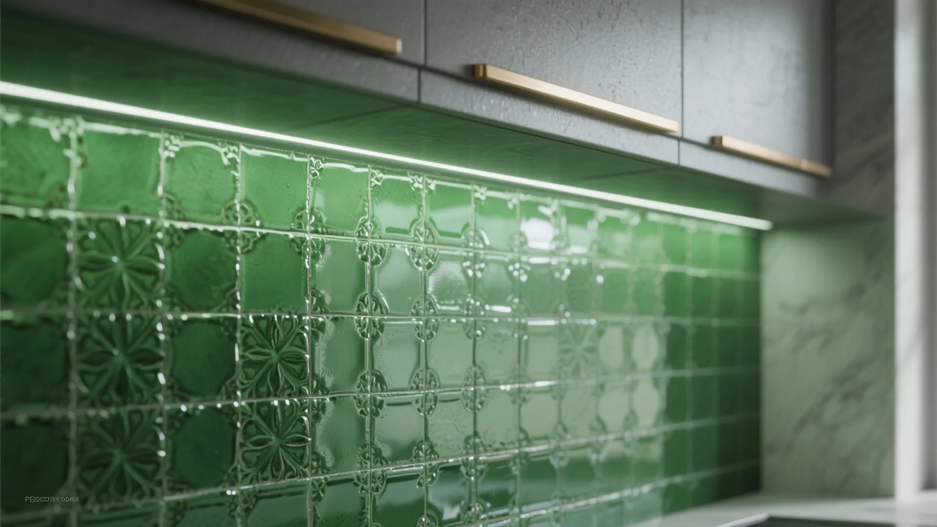 3. Statement backsplash in green glass or encaustic tile