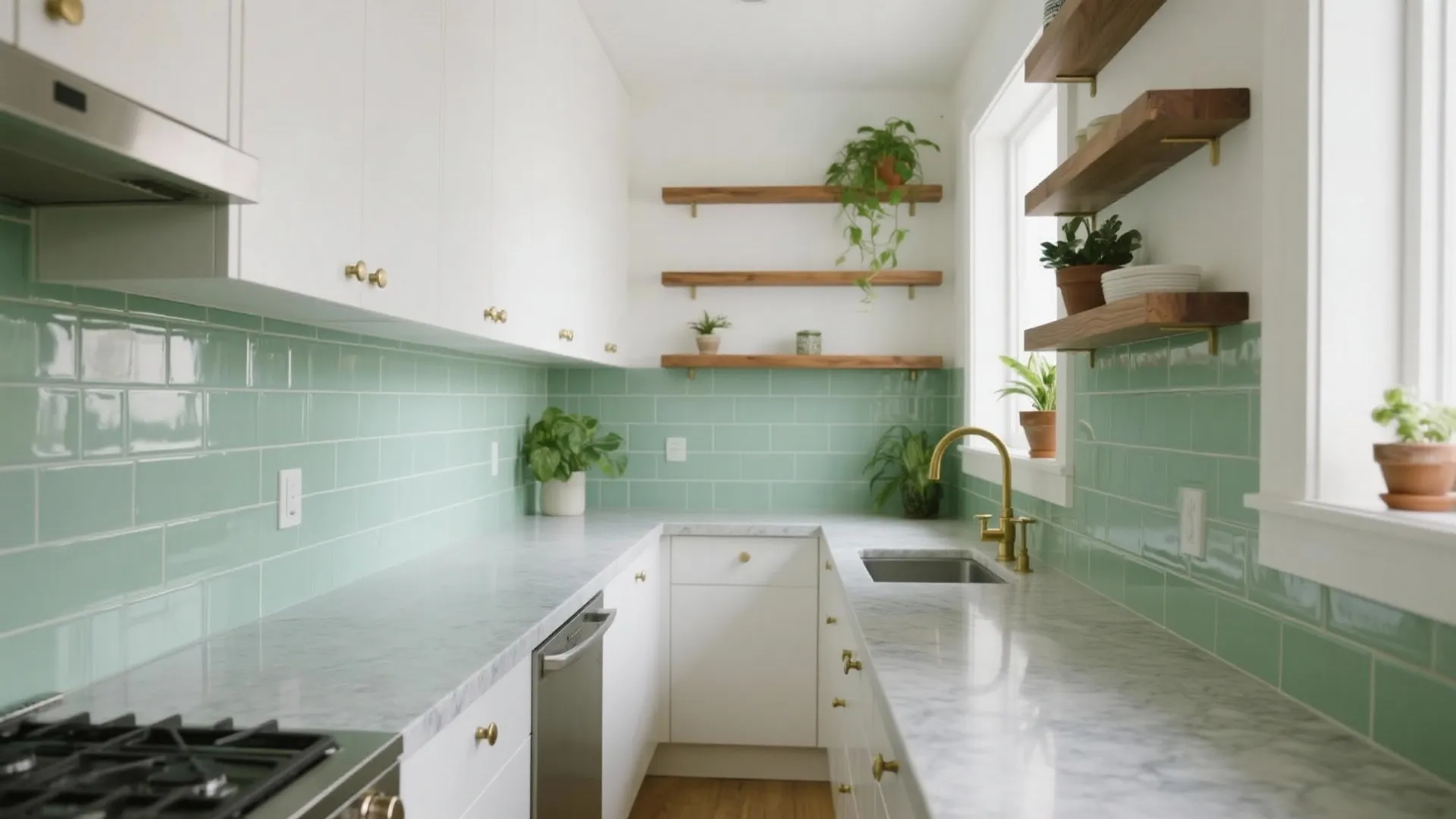 Bright kitchen with light green wall tiles, white cabinets, marble countertops, and wooden wall shelves