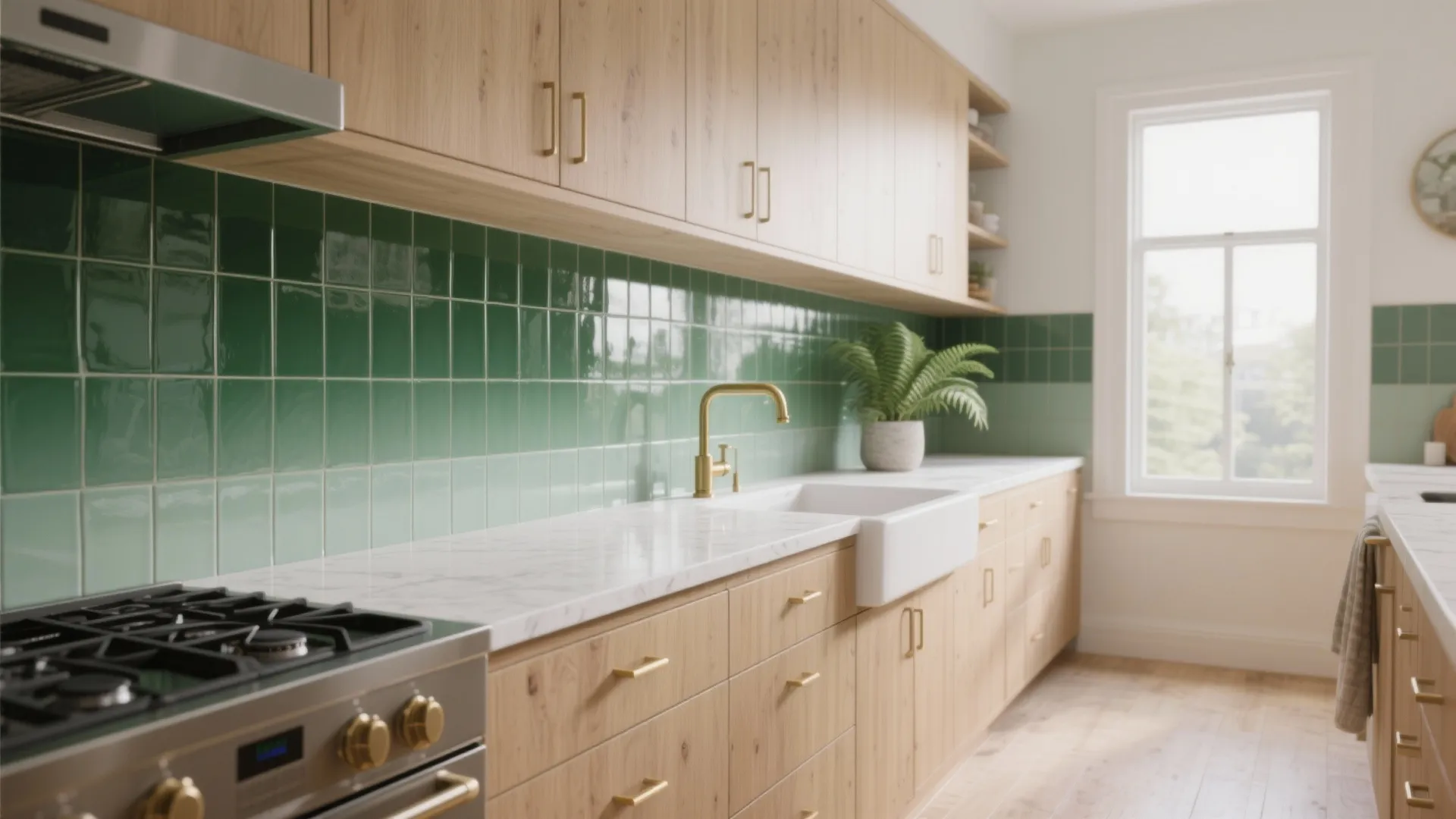 Bright kitchen featuring light wood cabinets green square tiles marble countertop and gold hardware plus sink