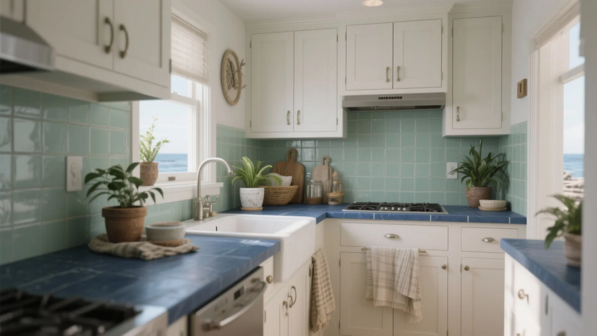 Small kitchen with navy countertop and muted sage green backsplash with plants