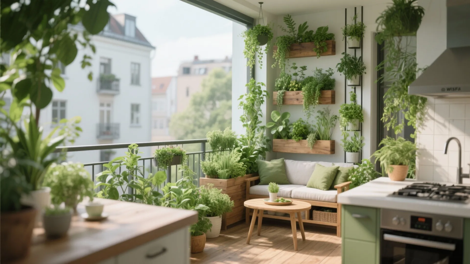 Green balcony garden with many plants sofa coffee table and kitchen area showing small oven