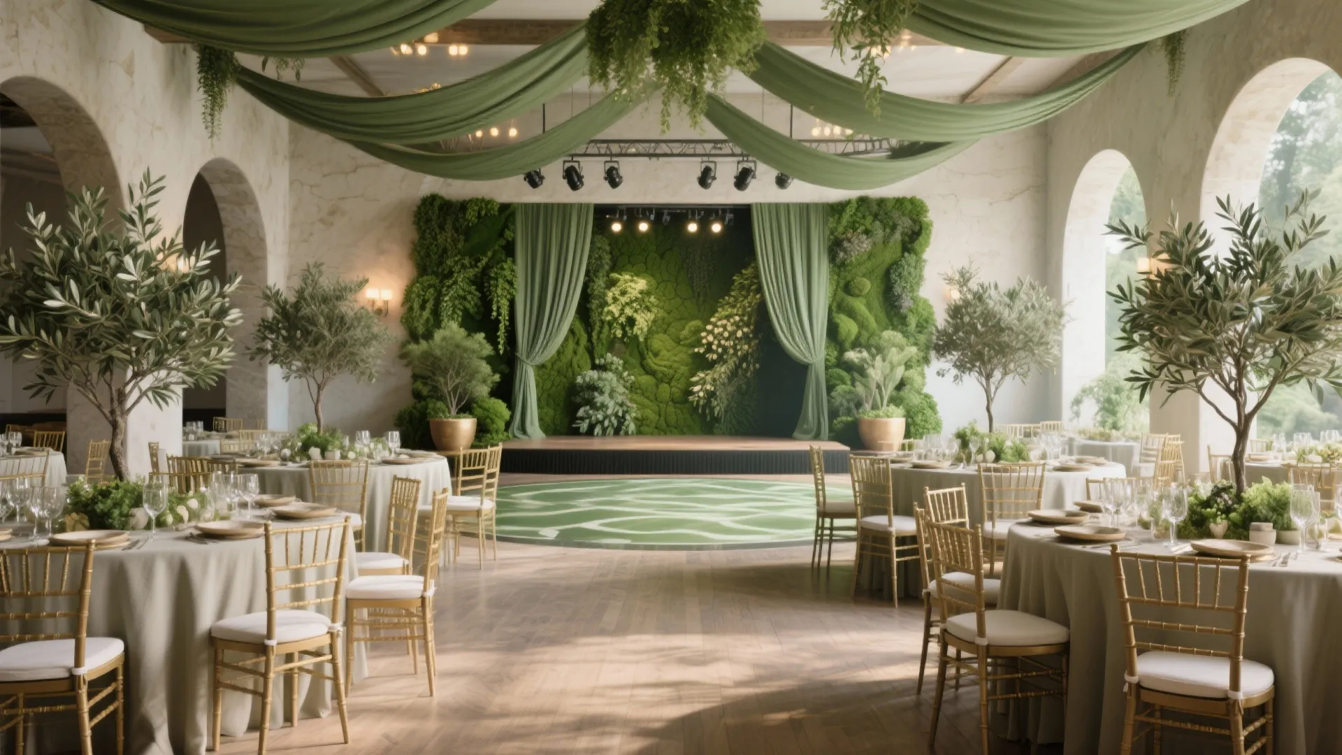 Large banquet room with green fabric curtains, plant wall stage, round tables, and gold chairs