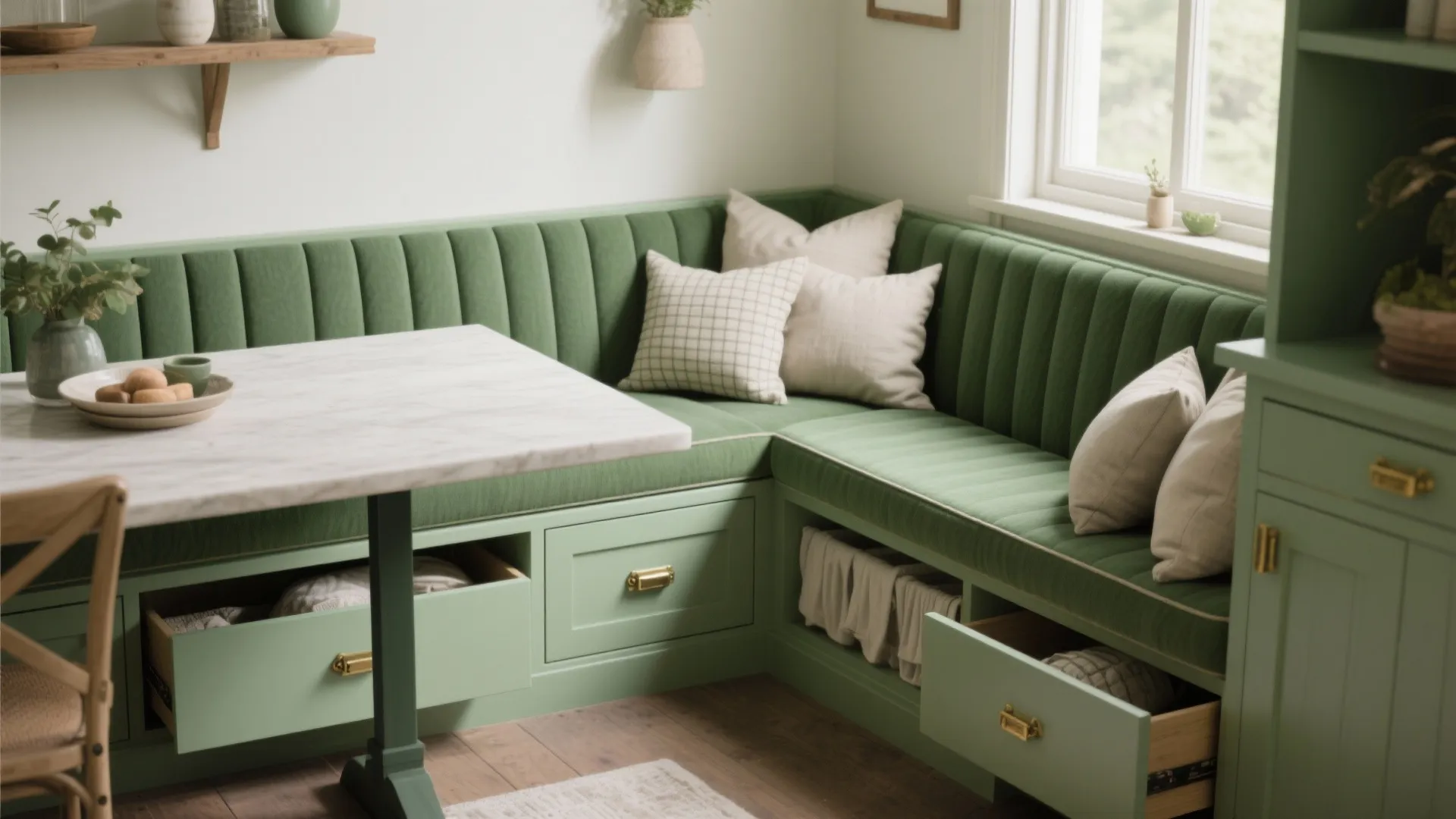 Built-in green banquette with storage drawers and removable linen cushions in a dining nook