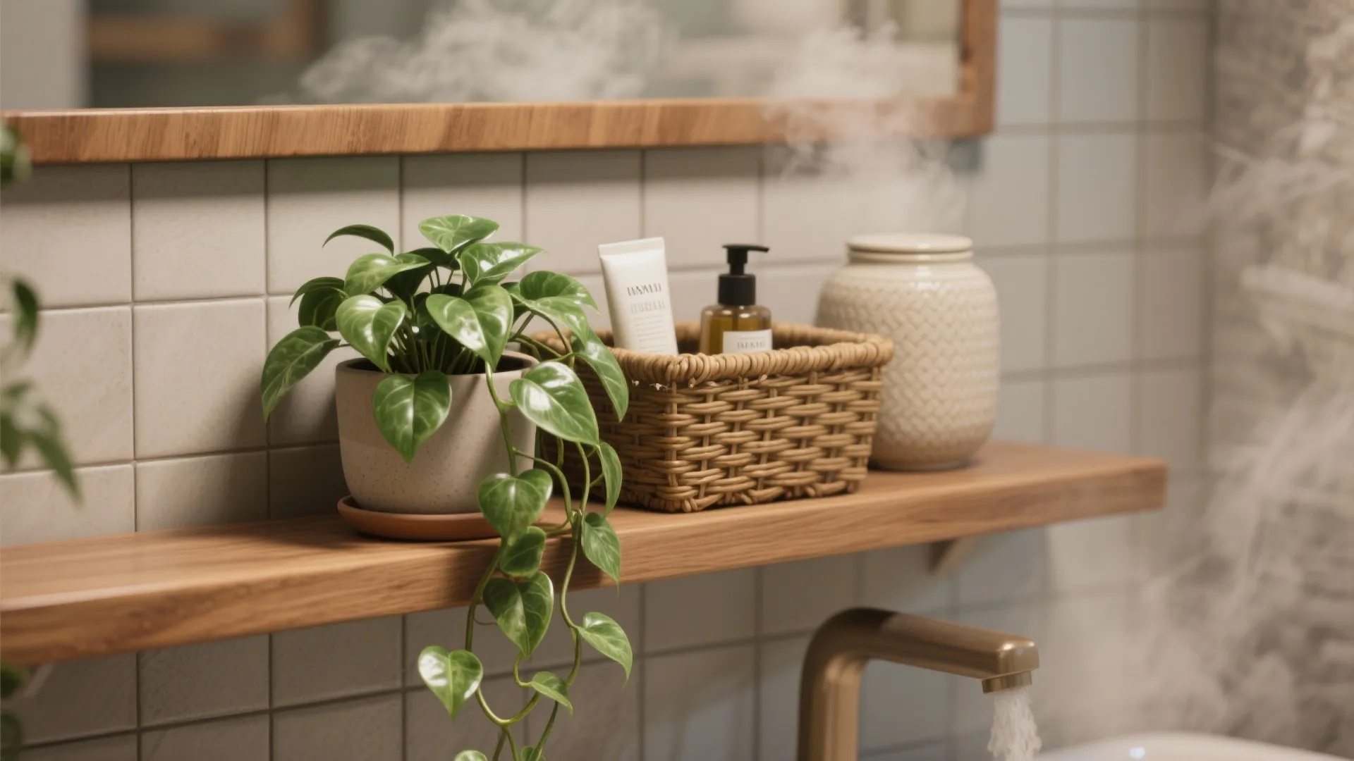 Wooden shelf with green plant small woven basket steam jar and gold tap in bathroom