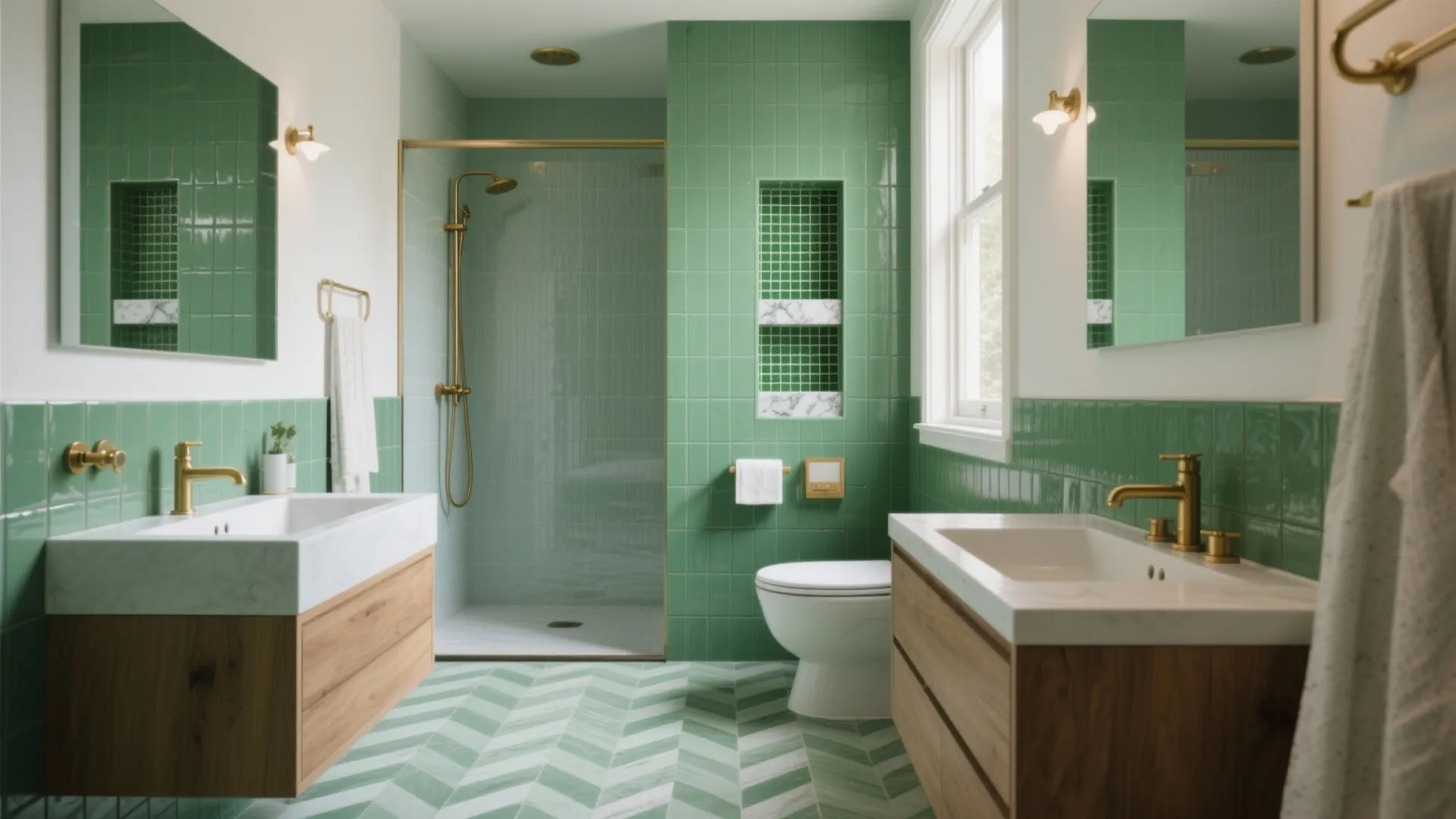 Spacious bathroom featuring green tiles with double wooden vanity gold faucets glass shower and toilet