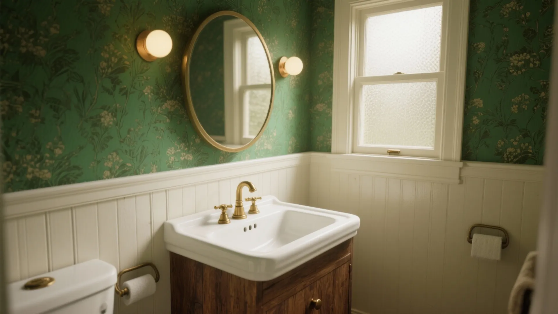 Modern bathroom with green floral wallpaper white sink wood cabinet round mirror white wall panel
