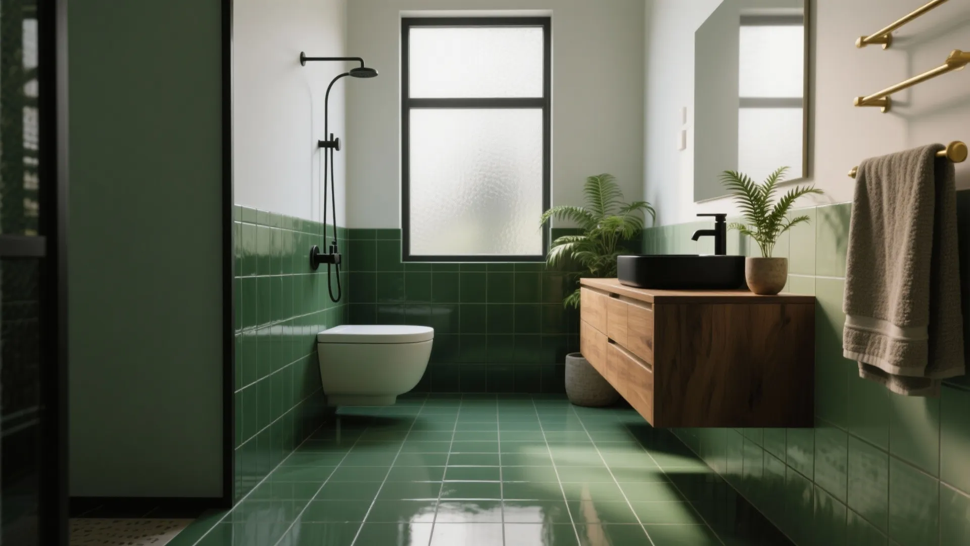Modern bathroom with green wall tiles, wooden cabinet, black sink, white toilet, and green potted plant