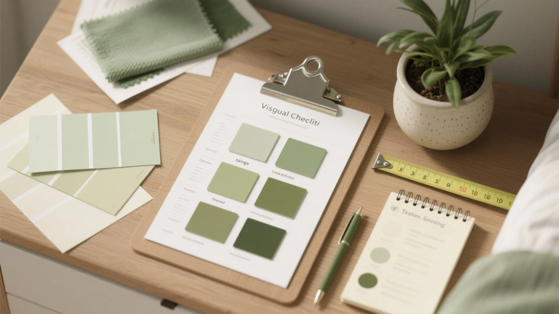 Wooden desk showing green color swatches, clipboard, measuring tape, notebook, and a small potted plant