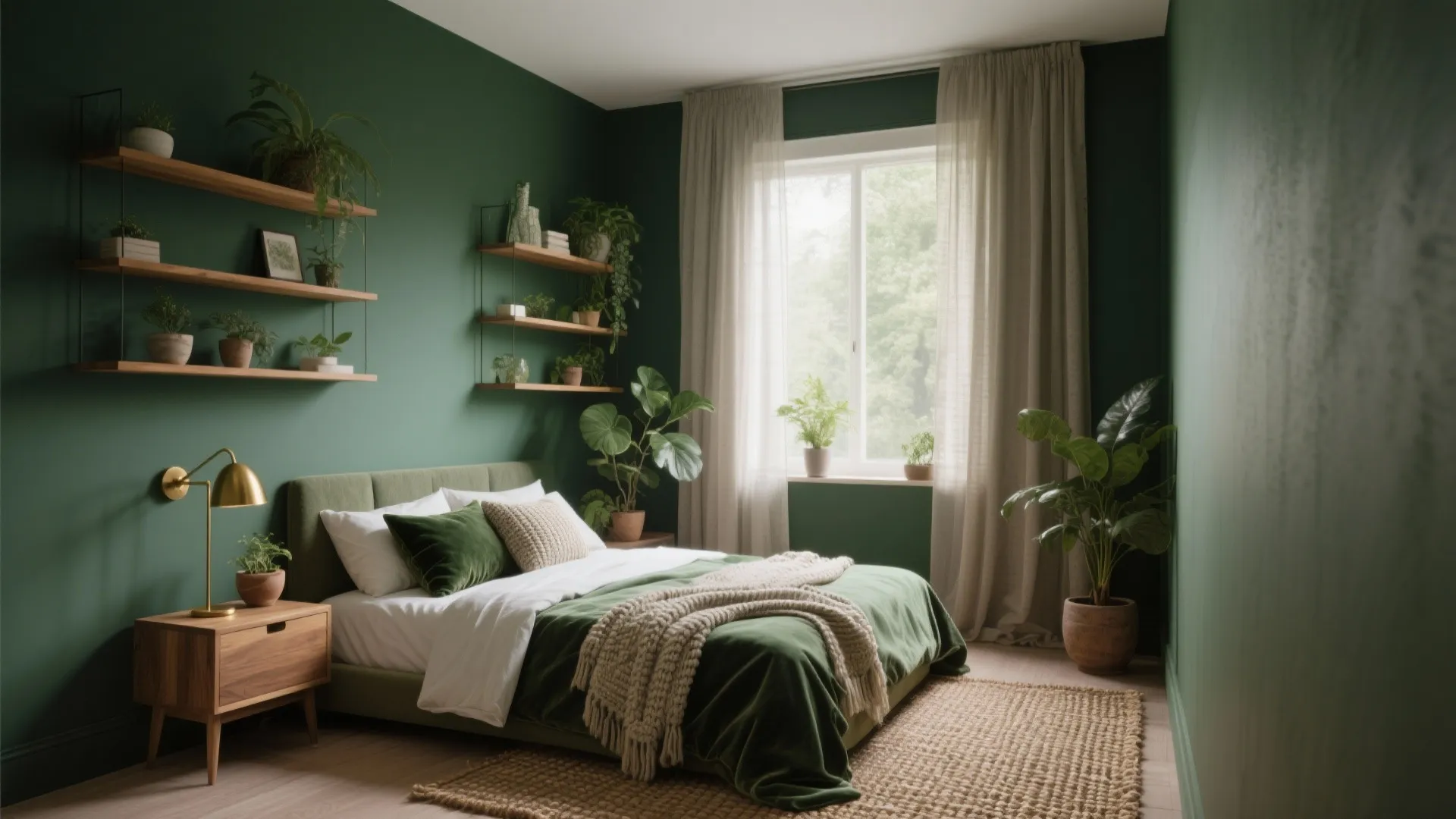 Modern green bedroom with wooden shelves, indoor plants, gold desk lamp, and cozy white bedding