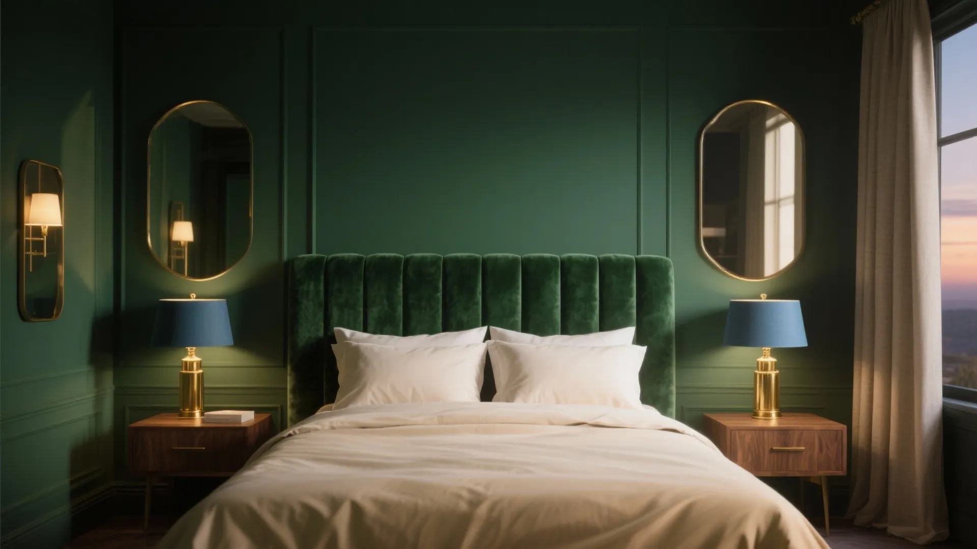 Luxury dark green bedroom with velvet headboard gold wall light oval mirrors and wooden side tables