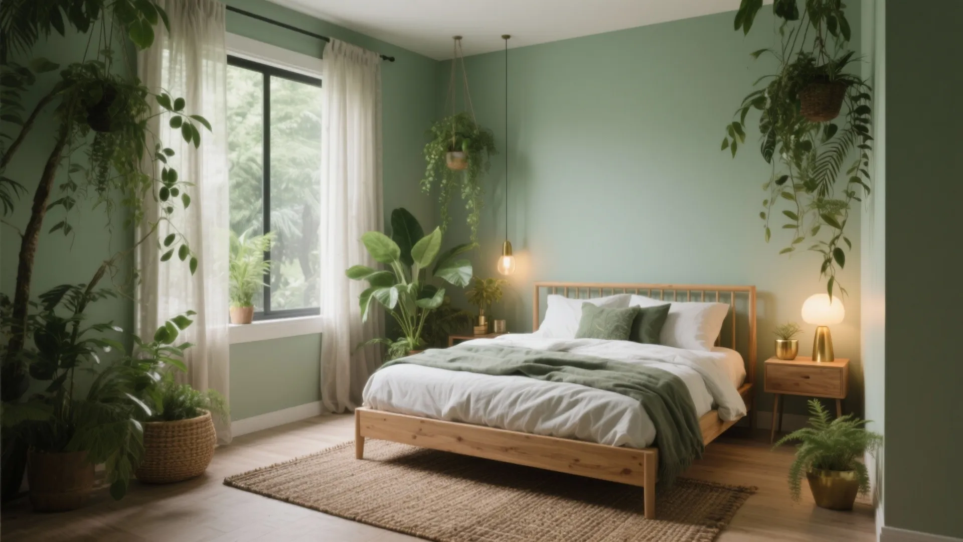 Cozy bedroom with light green walls wooden bed white bedding and many green indoor plants