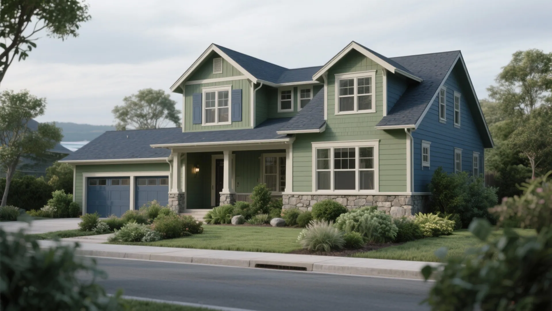 Two story house with green and blue siding stone base front porch and green front lawn