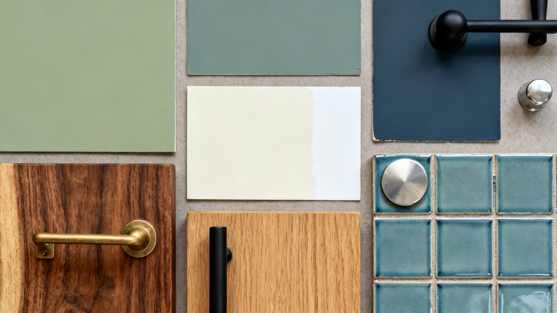 Flat lay of desaturated greens and blues with warm woods, metals, and tile samples.