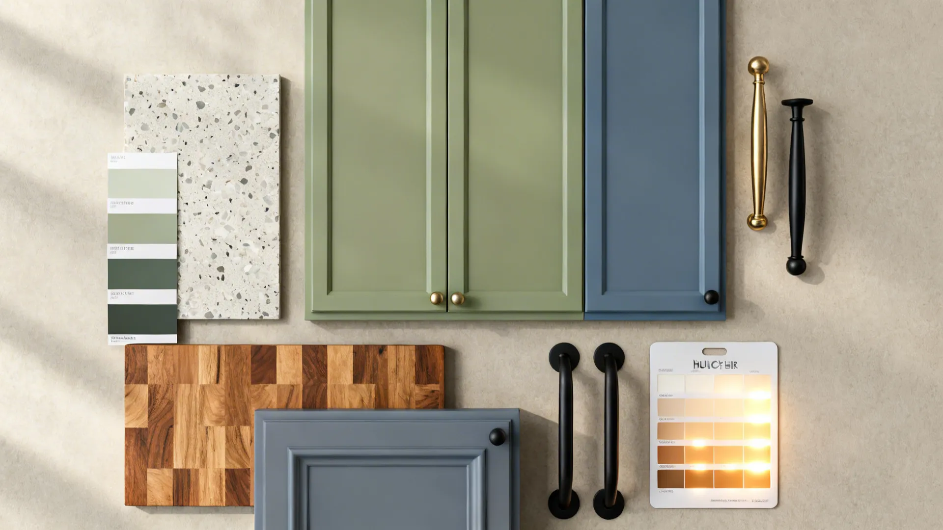 Top-down flat lay of sage and blue-gray paint swatches with terrazzo, wood, and brass hardware.