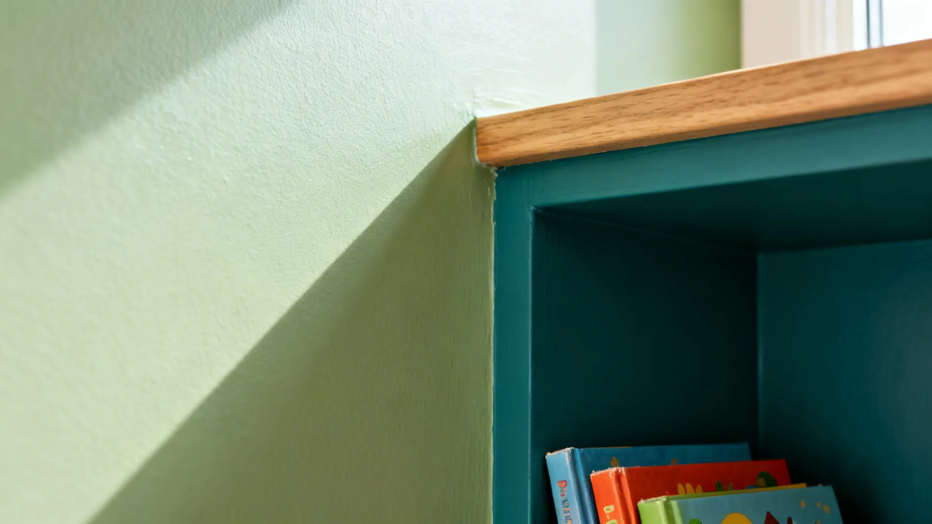 Macro of sage-to-teal paint transition showing subtle sheen differences and wood shelf.