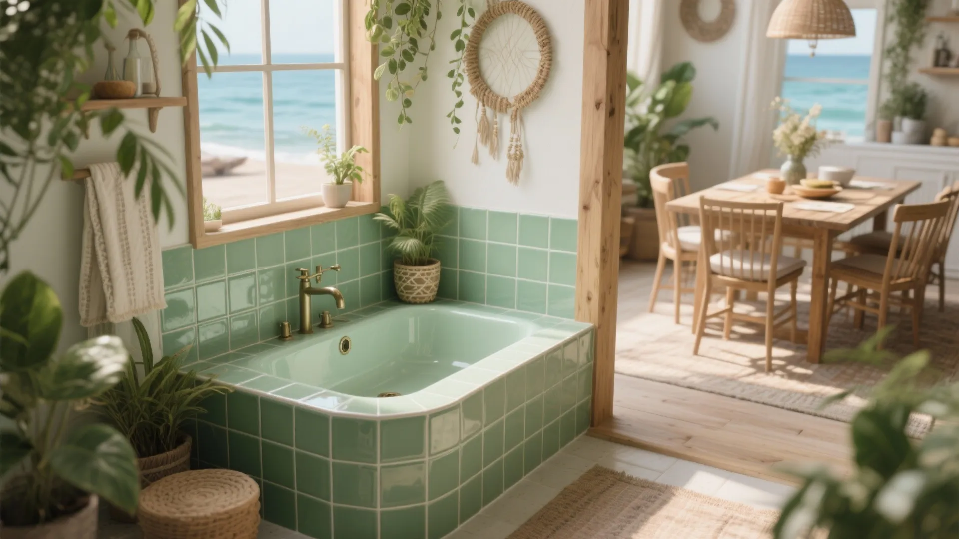 Soft green tiles and plants at a dining room basin