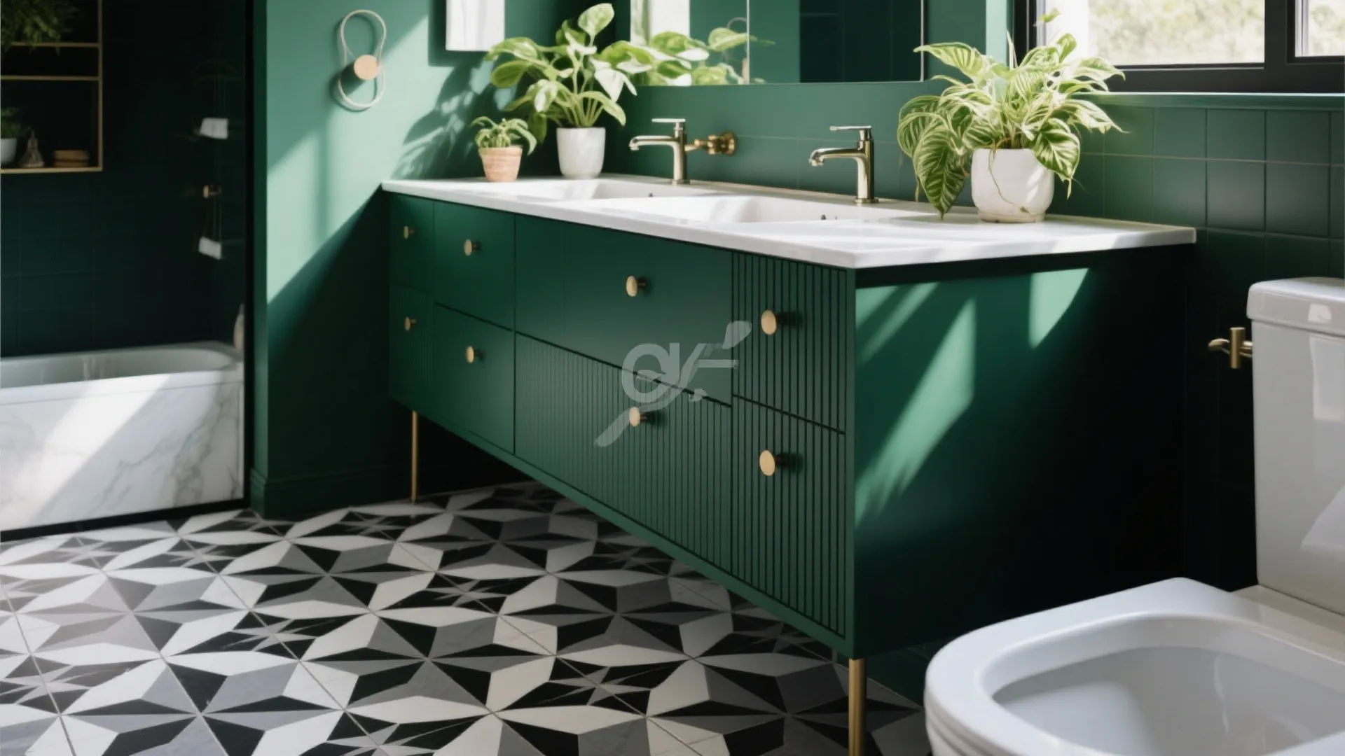 Dark green bathroom cabinet with double sinks, gold handles, and black and white floor tiles