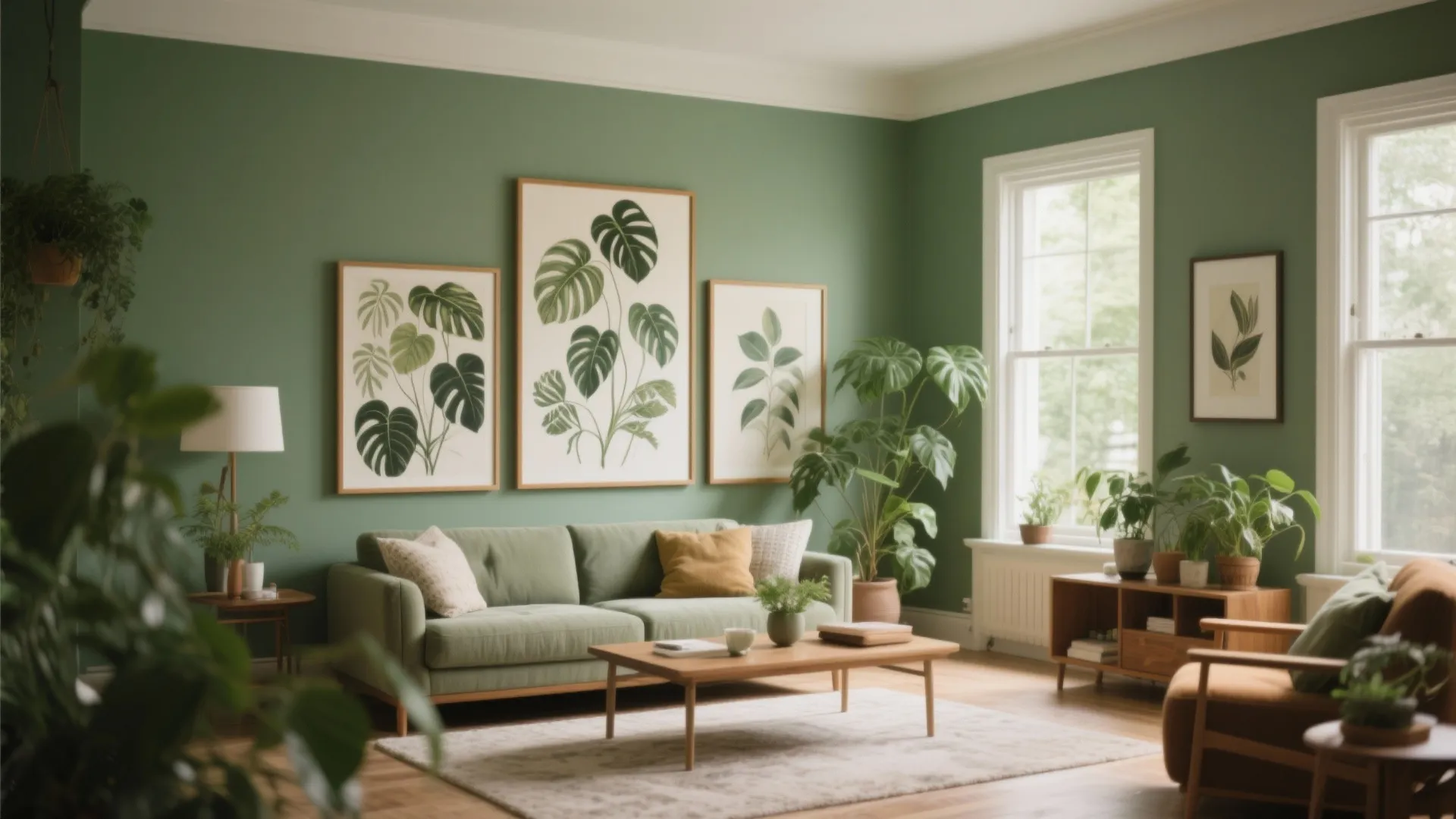 Sage green living room featuring botanical leaf art green sofa wooden coffee table and houseplants