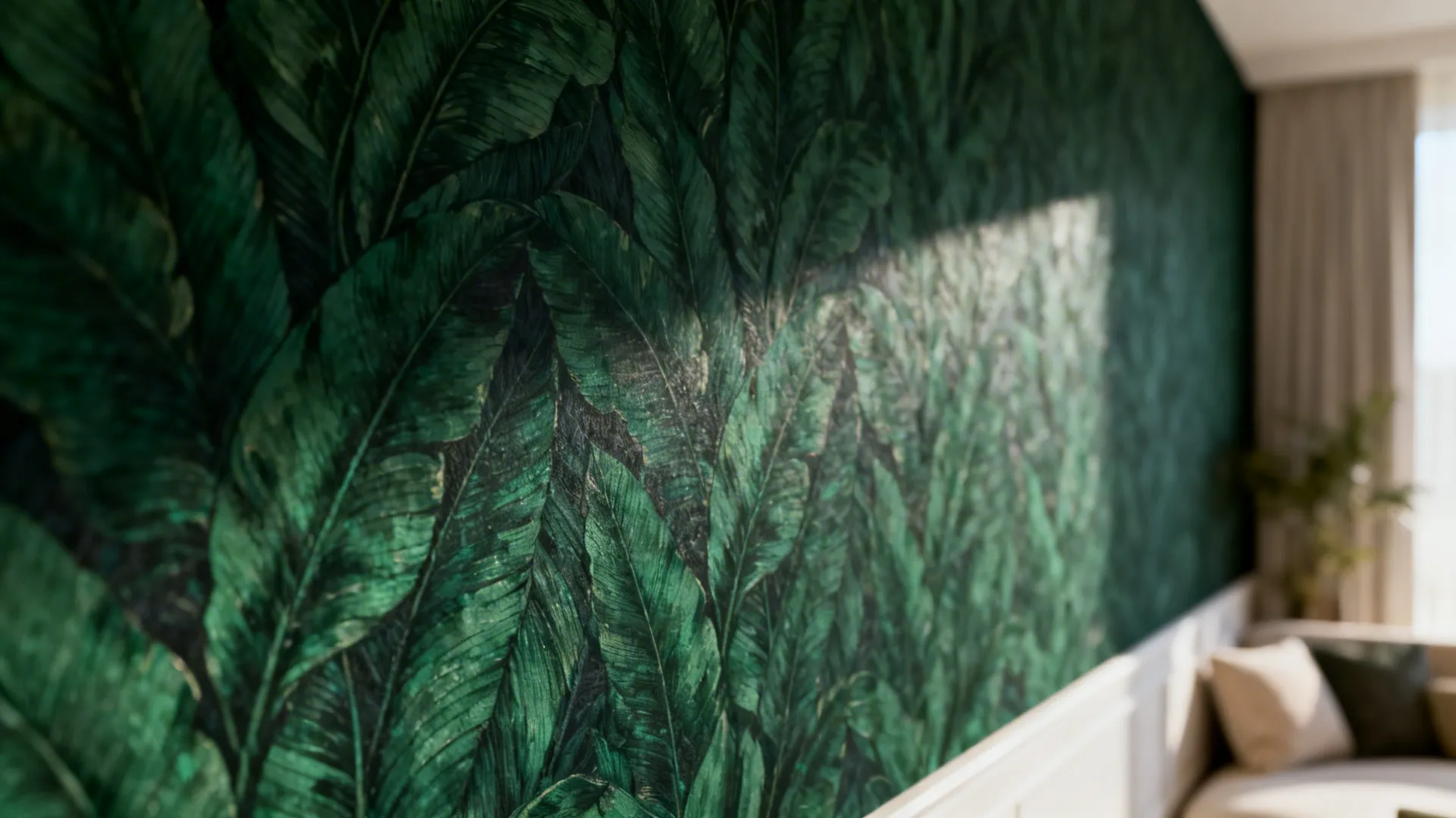 5. Patterned wallpaper in dark green tones